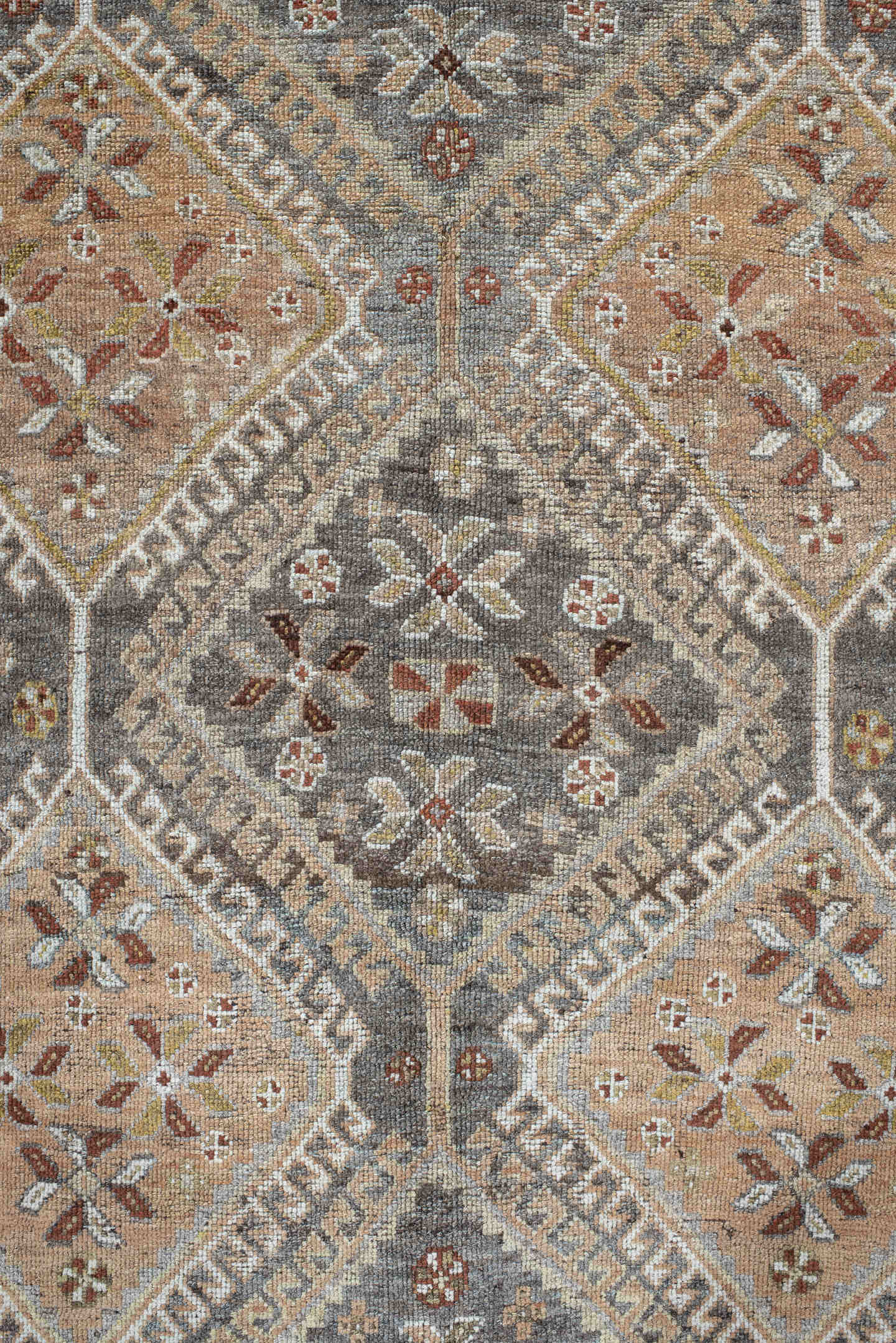 4' x 8' one-of-a-kind handmade vintage Shiraz rug. Color palette: slate, ivory, camel, taupe, rust, charcoal, sage, gold