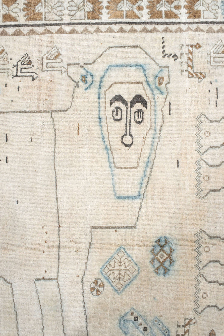 4' x 6' one-of-a-kind handmade vintage Gabbe small size rug. Color palette: ivory, camel, sky blue, brown, taupe, charcoal