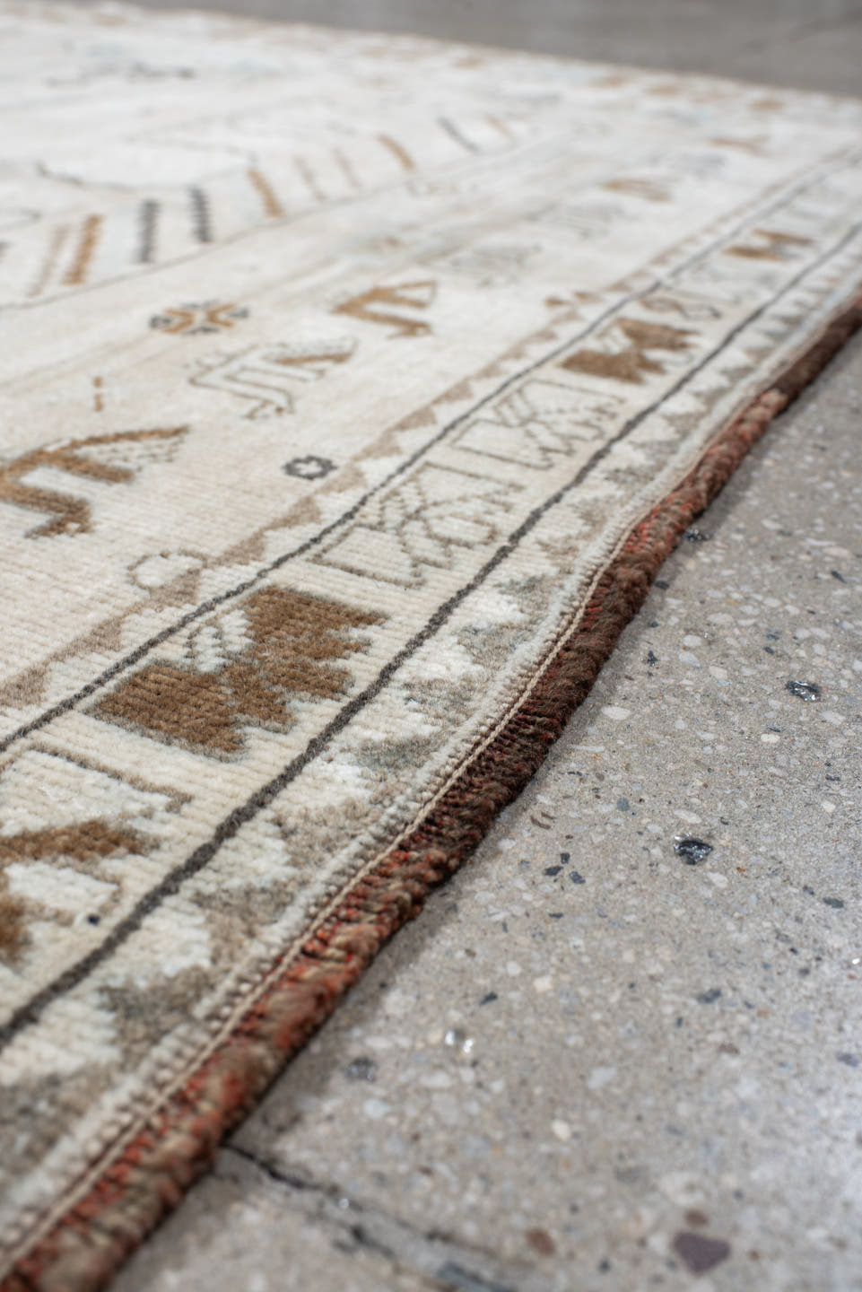 4' x 6' one-of-a-kind handmade vintage Gabbe small size rug. Color palette: ivory, camel, sky blue, brown, taupe, charcoal