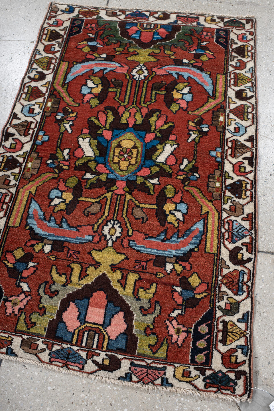 2' x 4' one-of-a-kind handmade vintage Hamadan small size rug. Color palette: rust, ivory, sky blue, charcoal, olive, rose