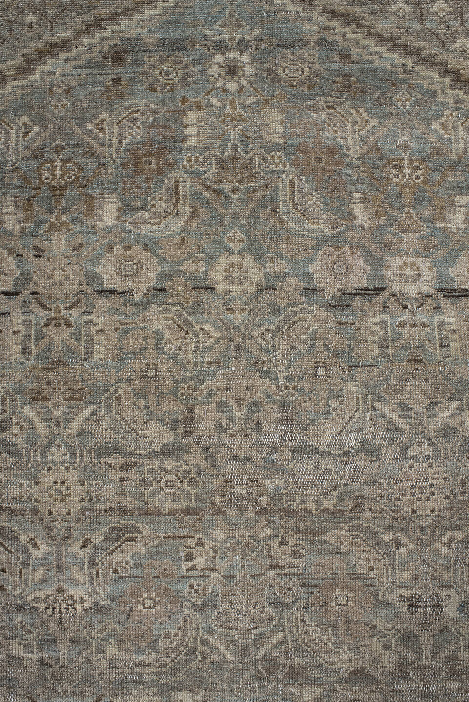 6' x 16' one-of-a-kind handmade vintage Malayer rug. Color palette: taupe, slate, ivory, charcoal, pale blue, greige, beige