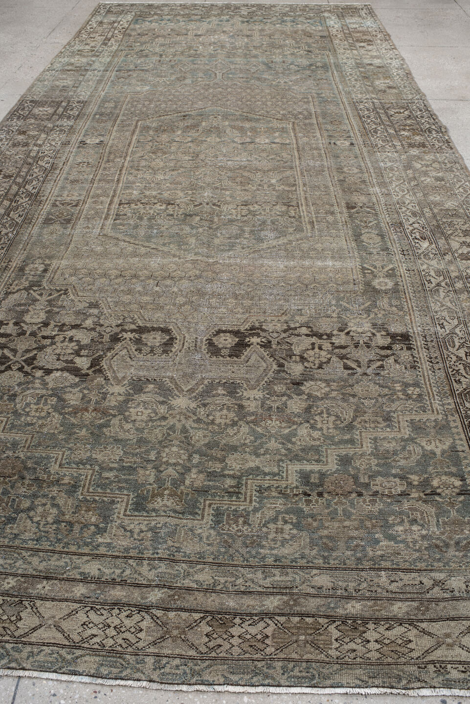 6' x 16' one-of-a-kind handmade vintage Malayer rug. Color palette: taupe, slate, ivory, charcoal, pale blue, greige, beige