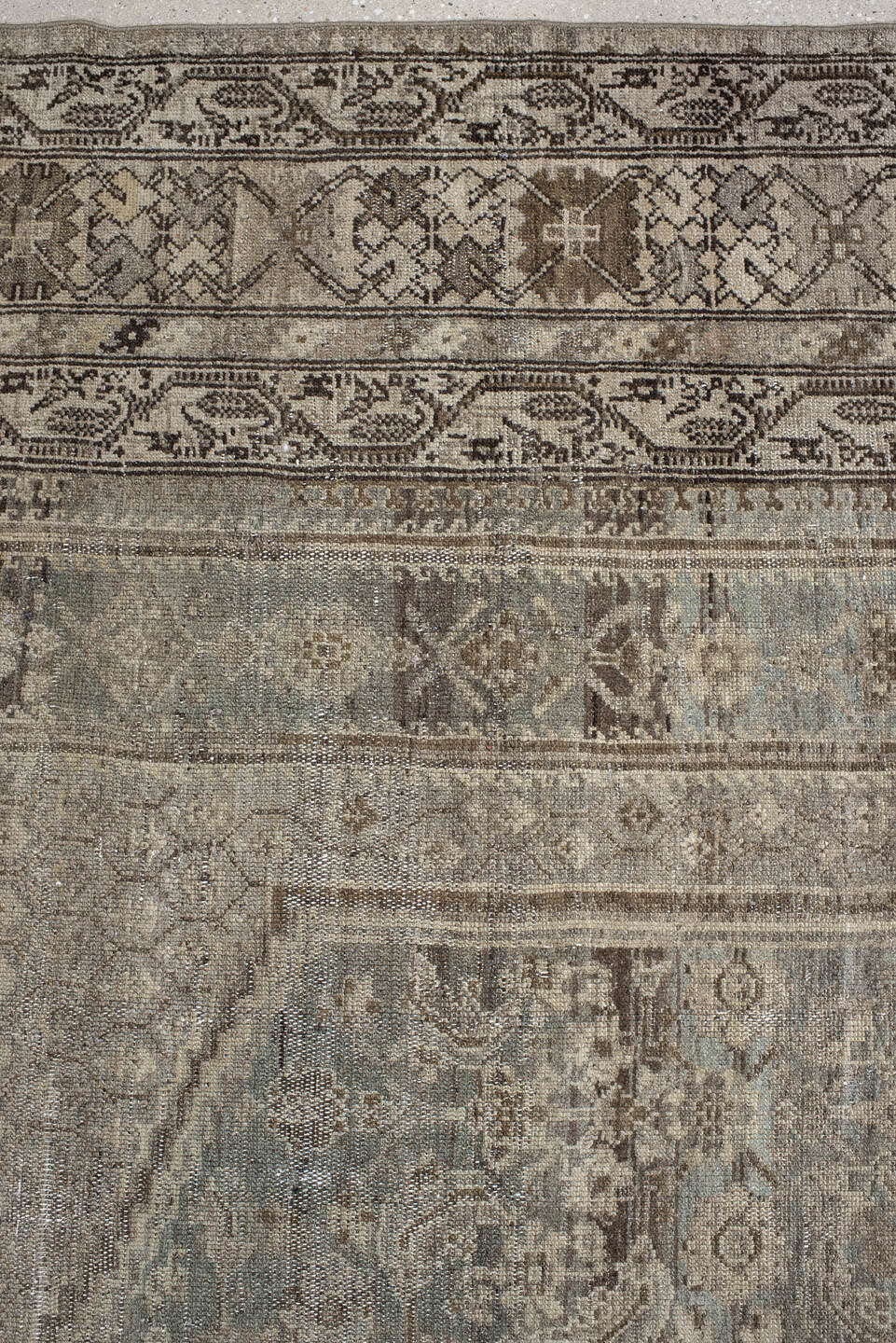 6' x 16' one-of-a-kind handmade vintage Malayer rug. Color palette: taupe, slate, ivory, charcoal, pale blue, greige, beige