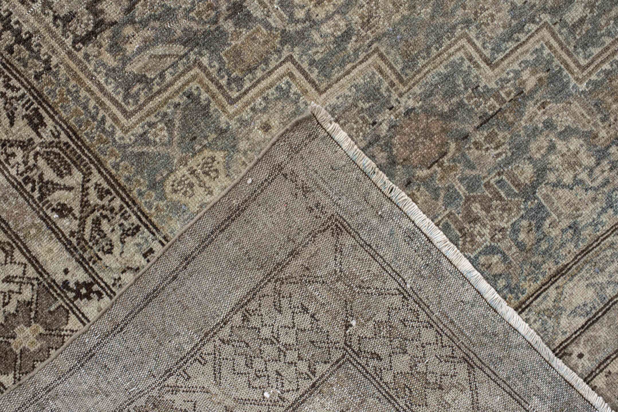 6' x 16' one-of-a-kind handmade vintage Malayer rug. Color palette: taupe, slate, ivory, charcoal, pale blue, greige, beige