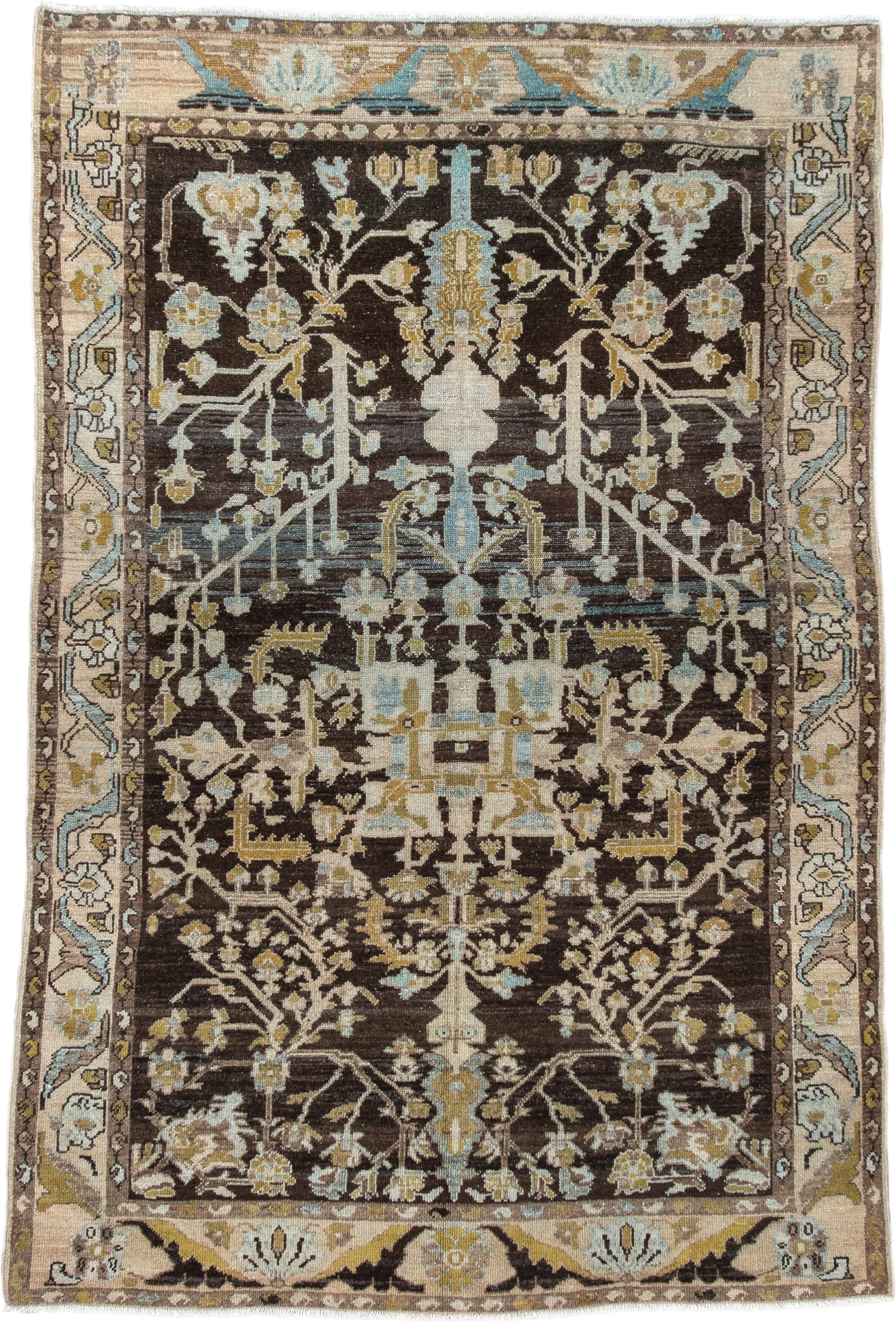 4' x 6' one-of-a-kind handmade vintage Malayer small size rug. Color palette: brown, ivory, pale blue, gold, taupe, camel