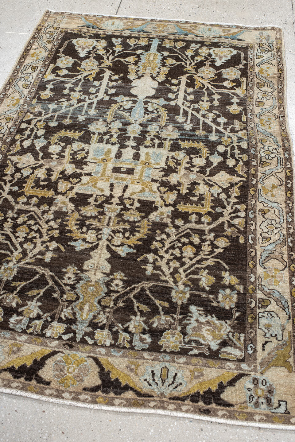 4' x 6' one-of-a-kind handmade vintage Malayer small size rug. Color palette: brown, ivory, pale blue, gold, taupe, camel