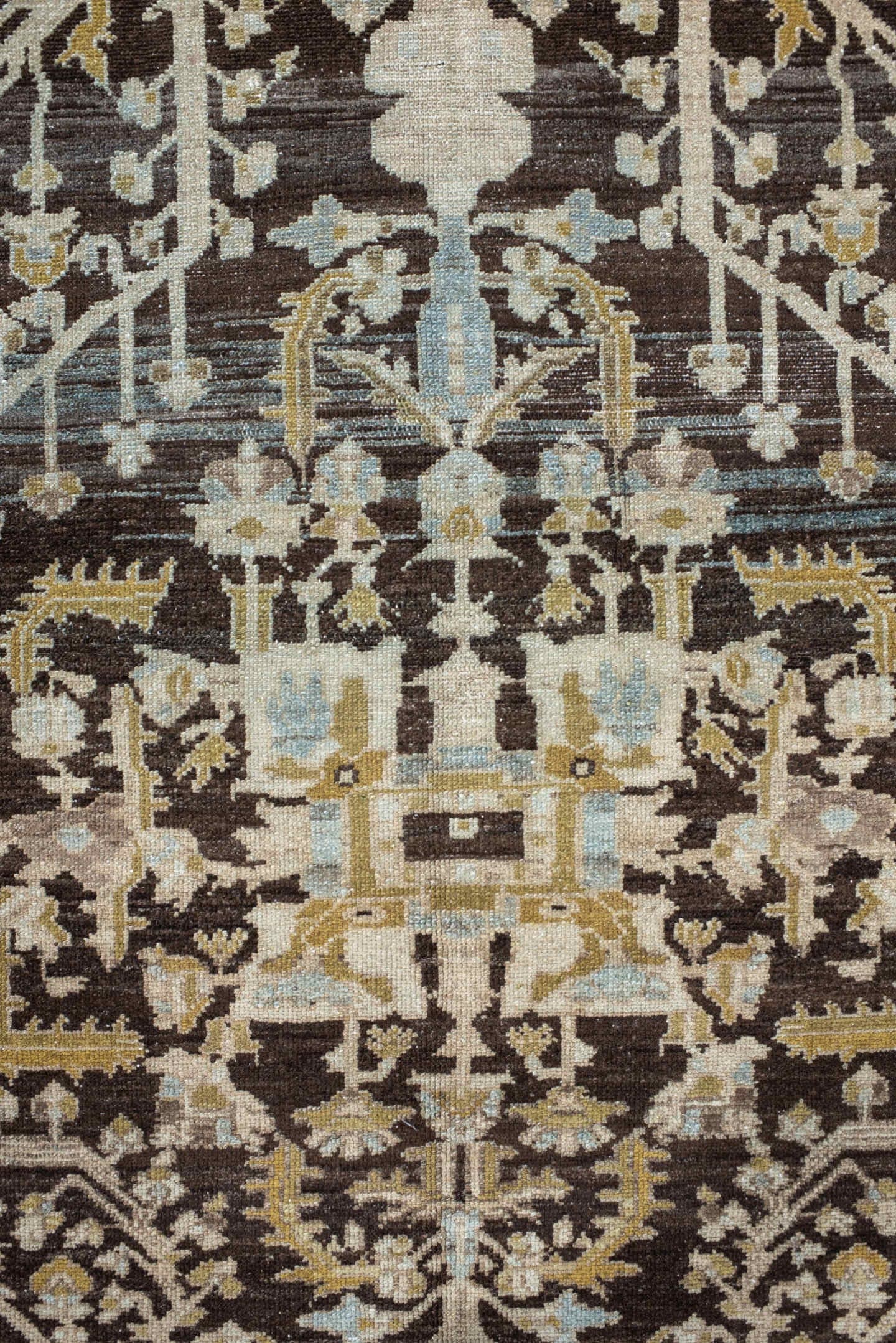 4' x 6' one-of-a-kind handmade vintage Malayer small size rug. Color palette: brown, ivory, pale blue, gold, taupe, camel