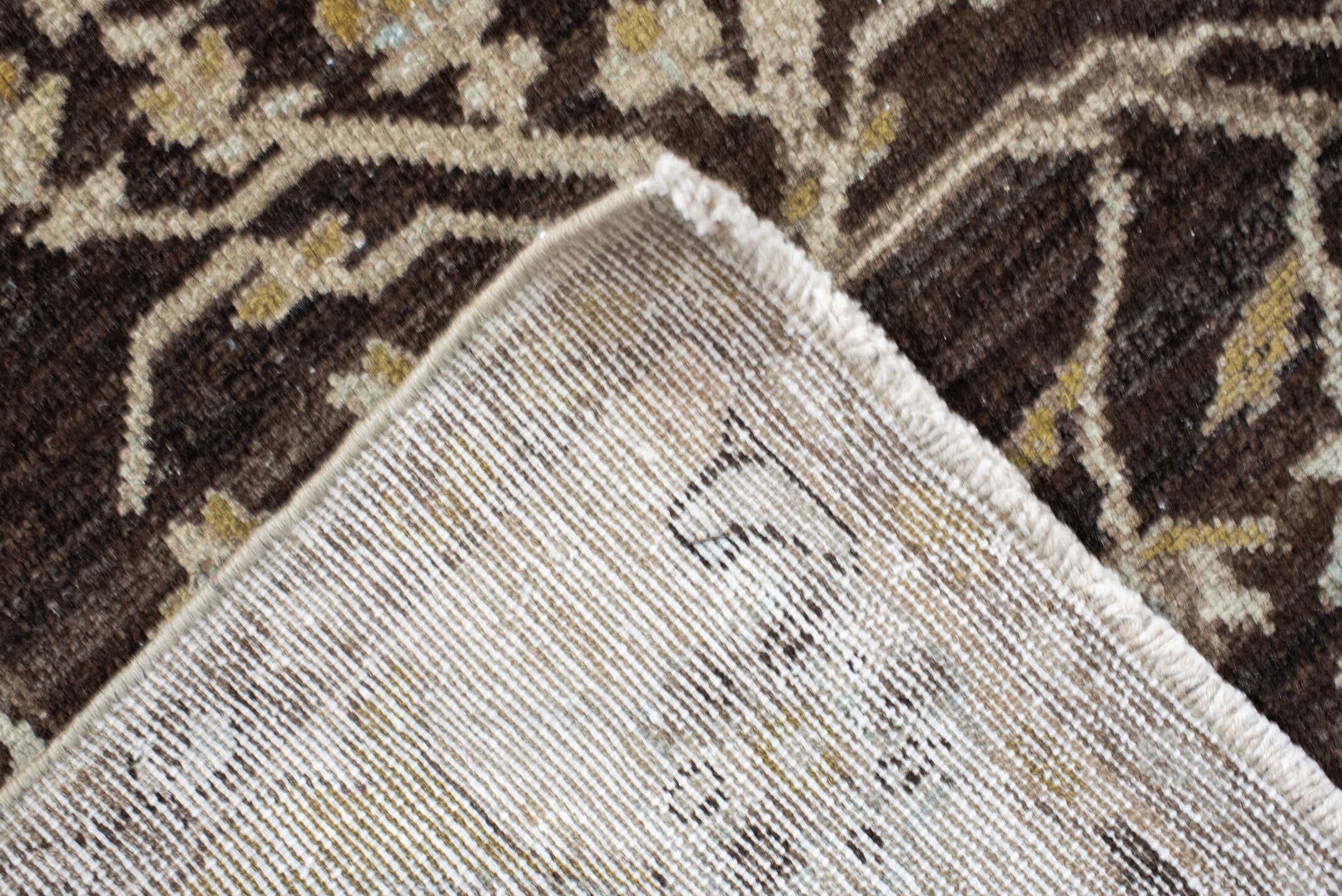4' x 6' one-of-a-kind handmade vintage Malayer small size rug. Color palette: brown, ivory, pale blue, gold, taupe, camel