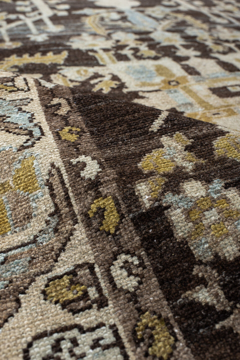 4' x 6' one-of-a-kind handmade vintage Malayer small size rug. Color palette: brown, ivory, pale blue, gold, taupe, camel