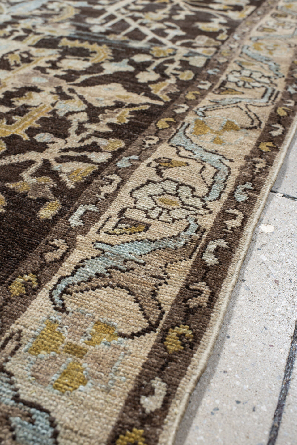 4' x 6' one-of-a-kind handmade vintage Malayer small size rug. Color palette: brown, ivory, pale blue, gold, taupe, camel