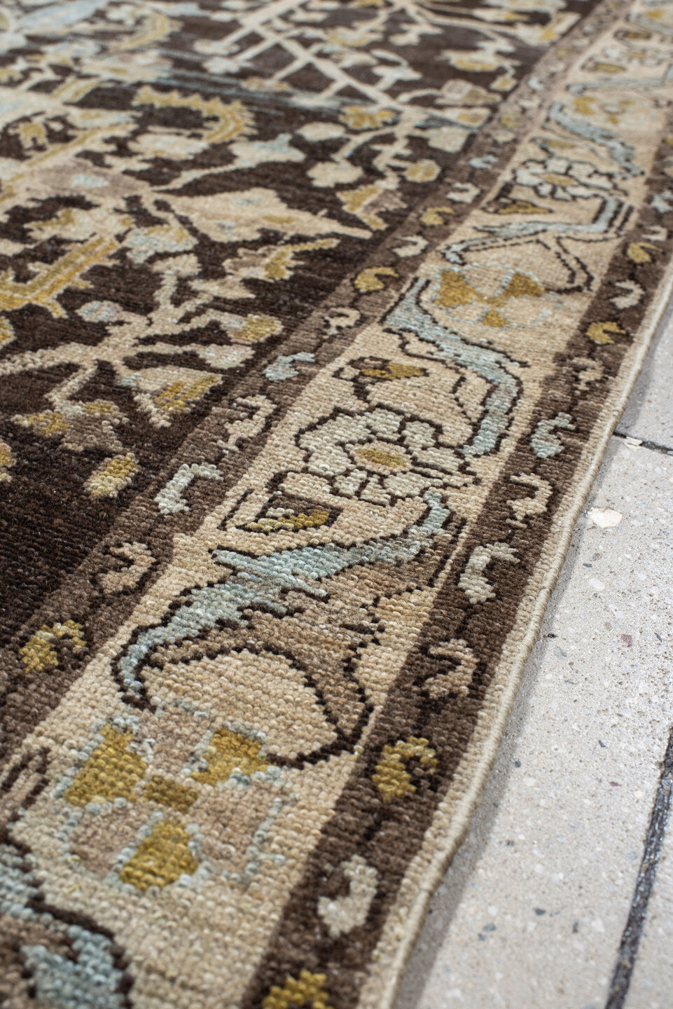 4' x 6' one-of-a-kind handmade vintage Malayer small size rug. Color palette: brown, ivory, pale blue, gold, taupe, camel