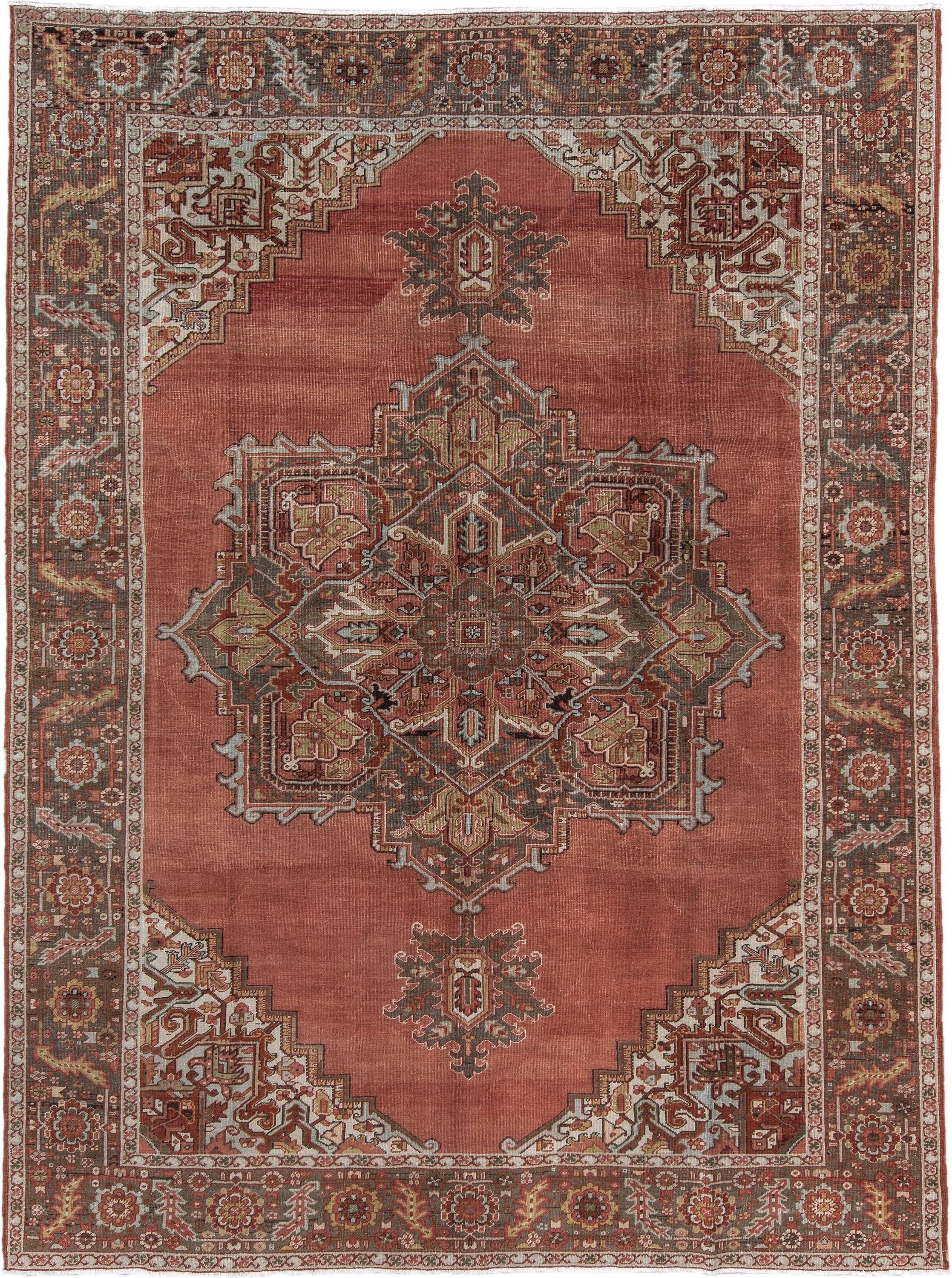 8' x 11' one-of-a-kind handmade antique Heriz large size rug. Color palette: terra cotta, ivory, charcoal, rust, sage, taupe