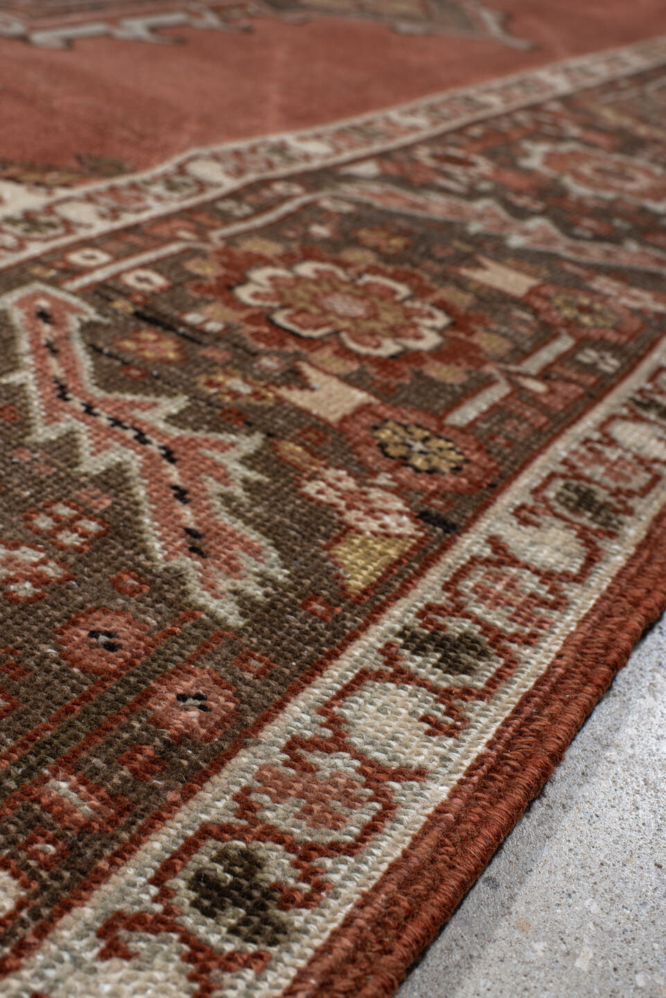 8' x 11' one-of-a-kind handmade antique Heriz large size rug. Color palette: terra cotta, ivory, charcoal, rust, sage, taupe