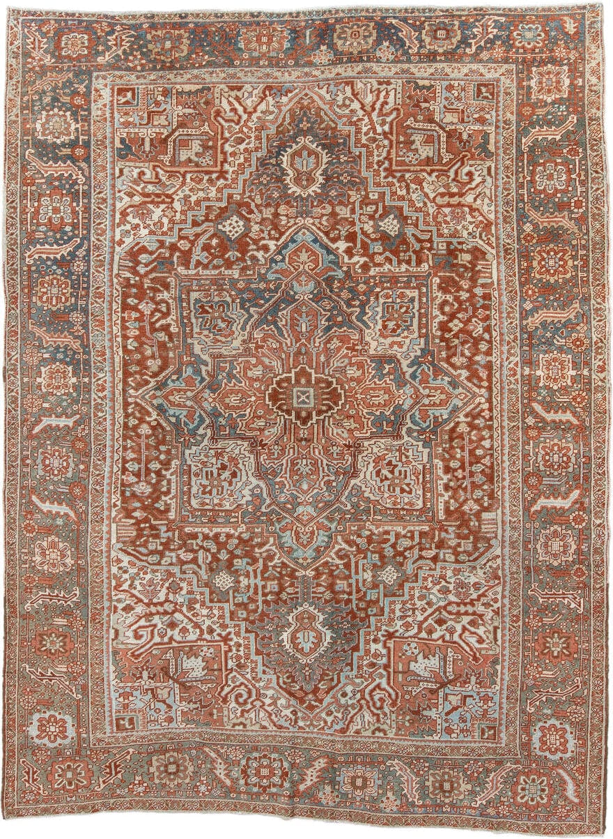 8' x 11' one-of-a-kind handmade antique Heriz large size rug. Color palette: rust, ivory, powder_blue, terra_cotta, camel