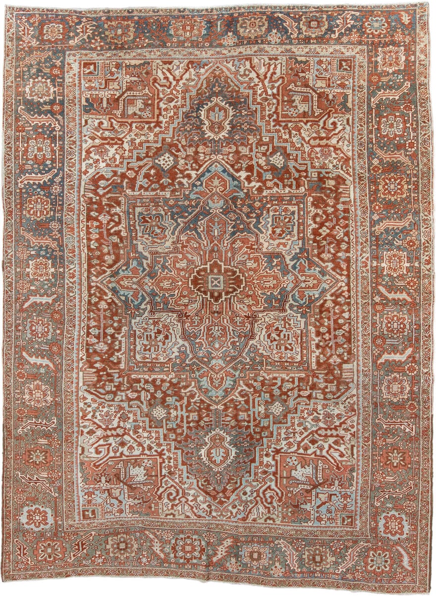 8' x 11' one-of-a-kind handmade antique Heriz large size rug. Color palette: rust, ivory, powder_blue, terra_cotta, camel