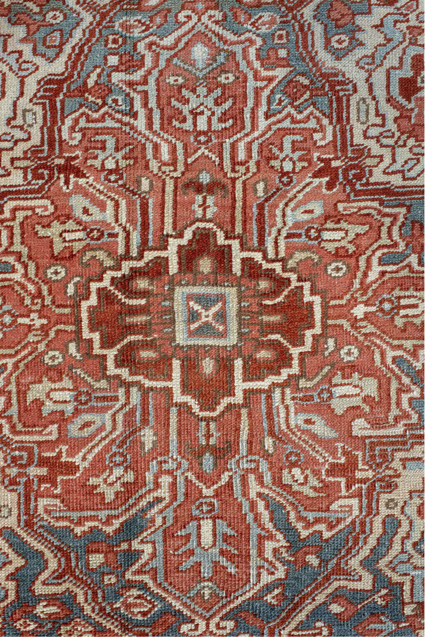 8' x 11' one-of-a-kind handmade antique Heriz large size rug. Color palette: rust, ivory, powder_blue, terra_cotta, camel
