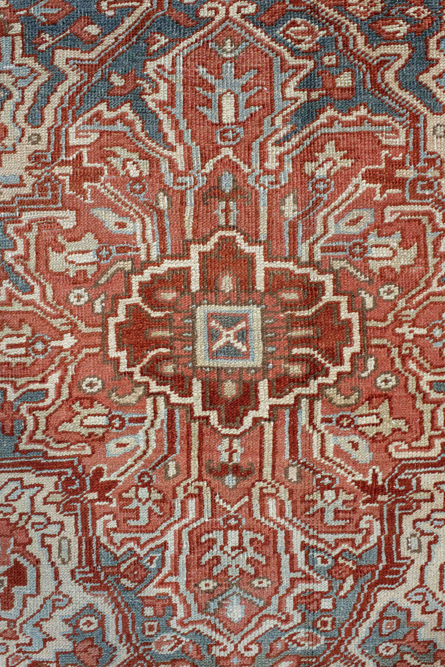 8' x 11' one-of-a-kind handmade antique Heriz large size rug. Color palette: rust, ivory, powder_blue, terra_cotta, camel