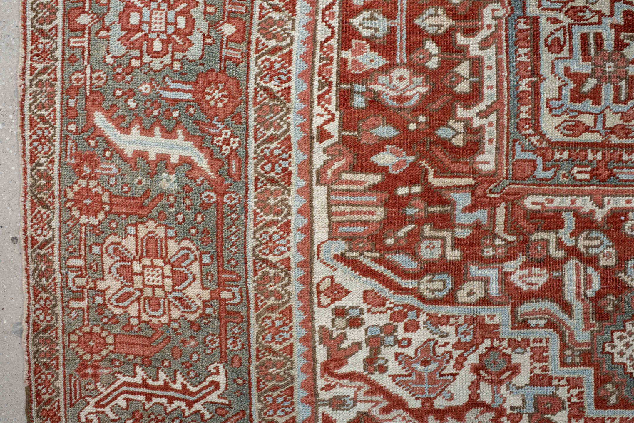 8' x 11' one-of-a-kind handmade antique Heriz large size rug. Color palette: rust, ivory, powder_blue, terra_cotta, camel