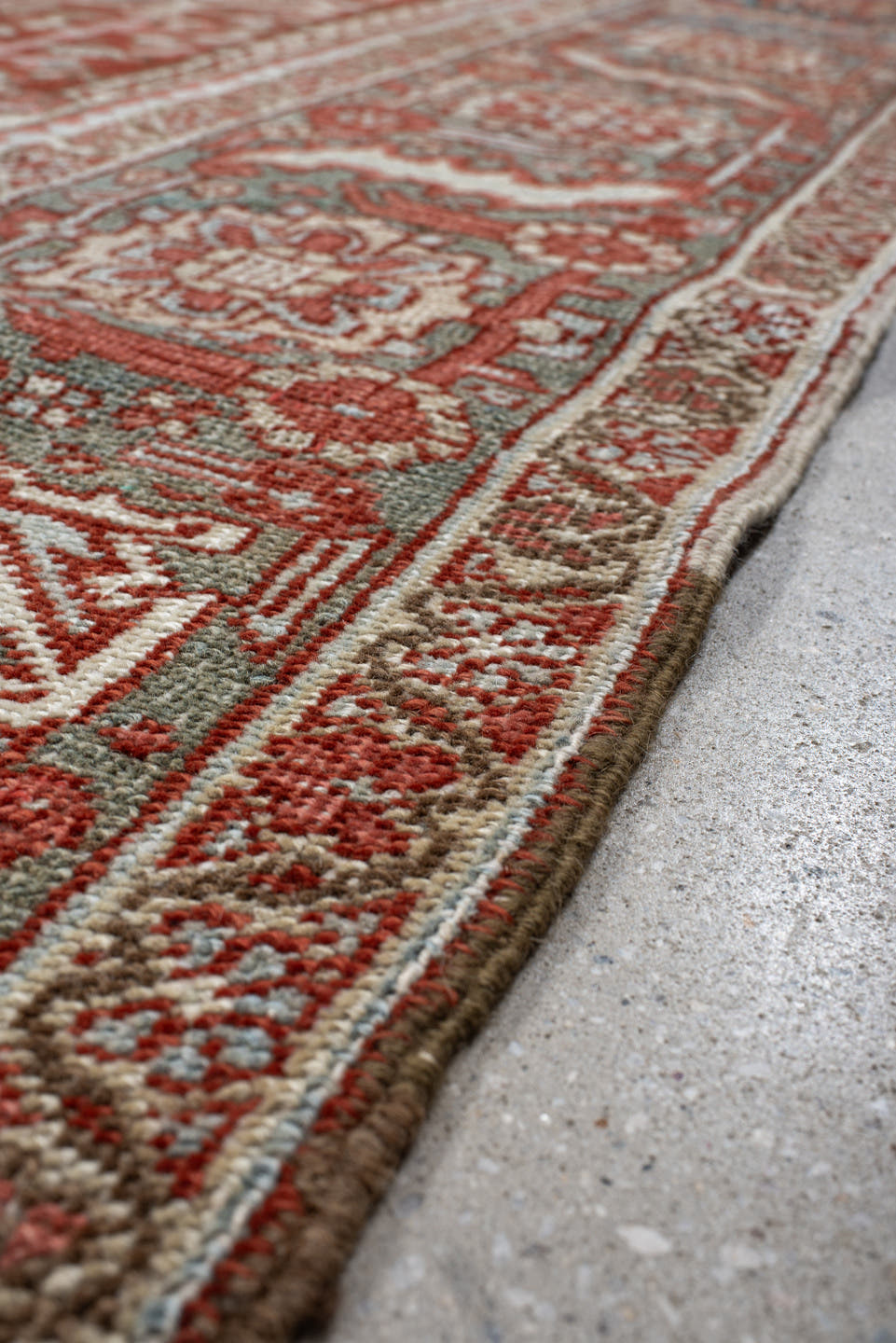 8' x 11' one-of-a-kind handmade antique Heriz large size rug. Color palette: rust, ivory, powder_blue, terra_cotta, camel