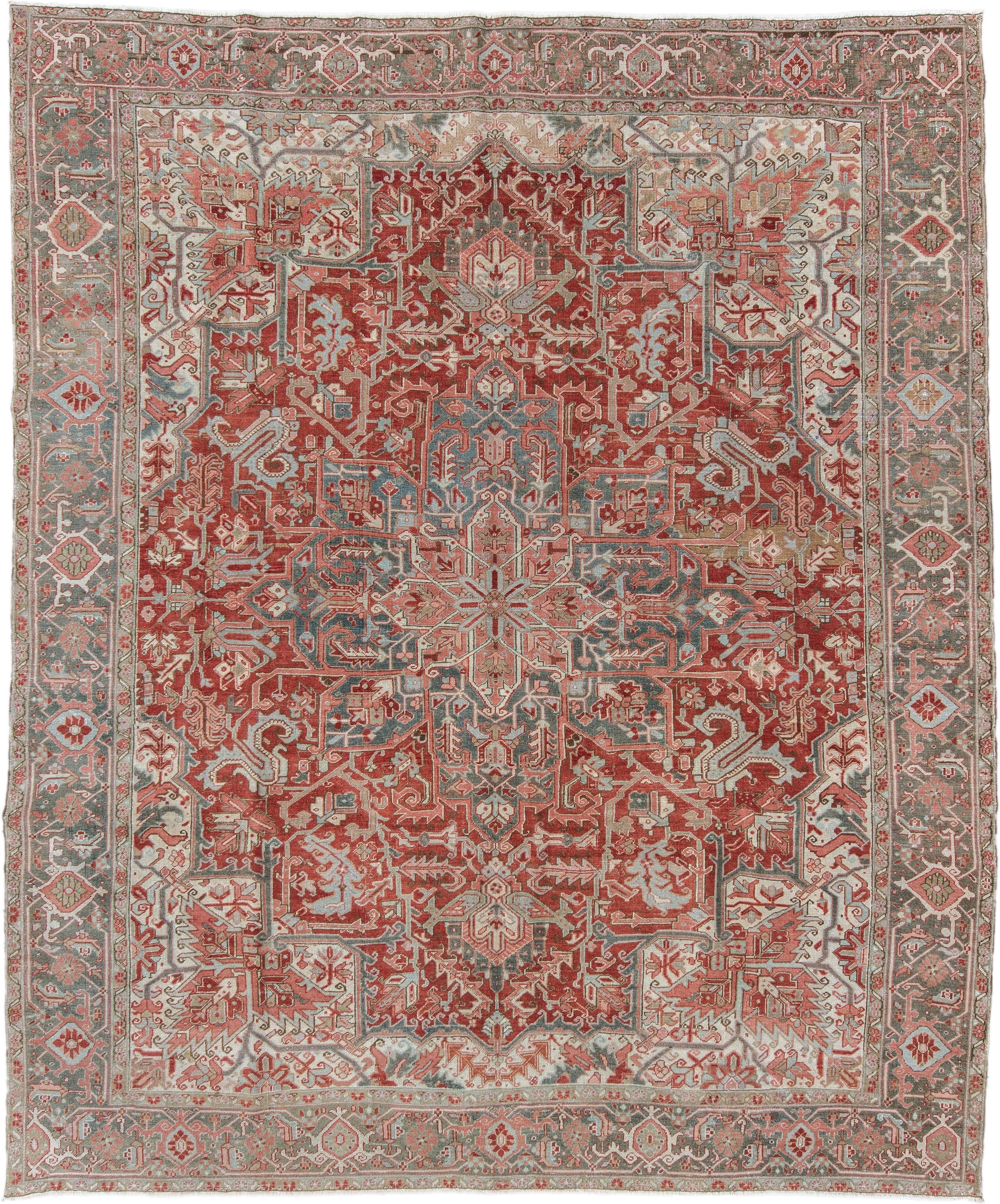 9' x 11' one-of-a-kind handmade vintage Heriz large size rug. Color palette: rust, ivory, slate, rose, taupe, sage
