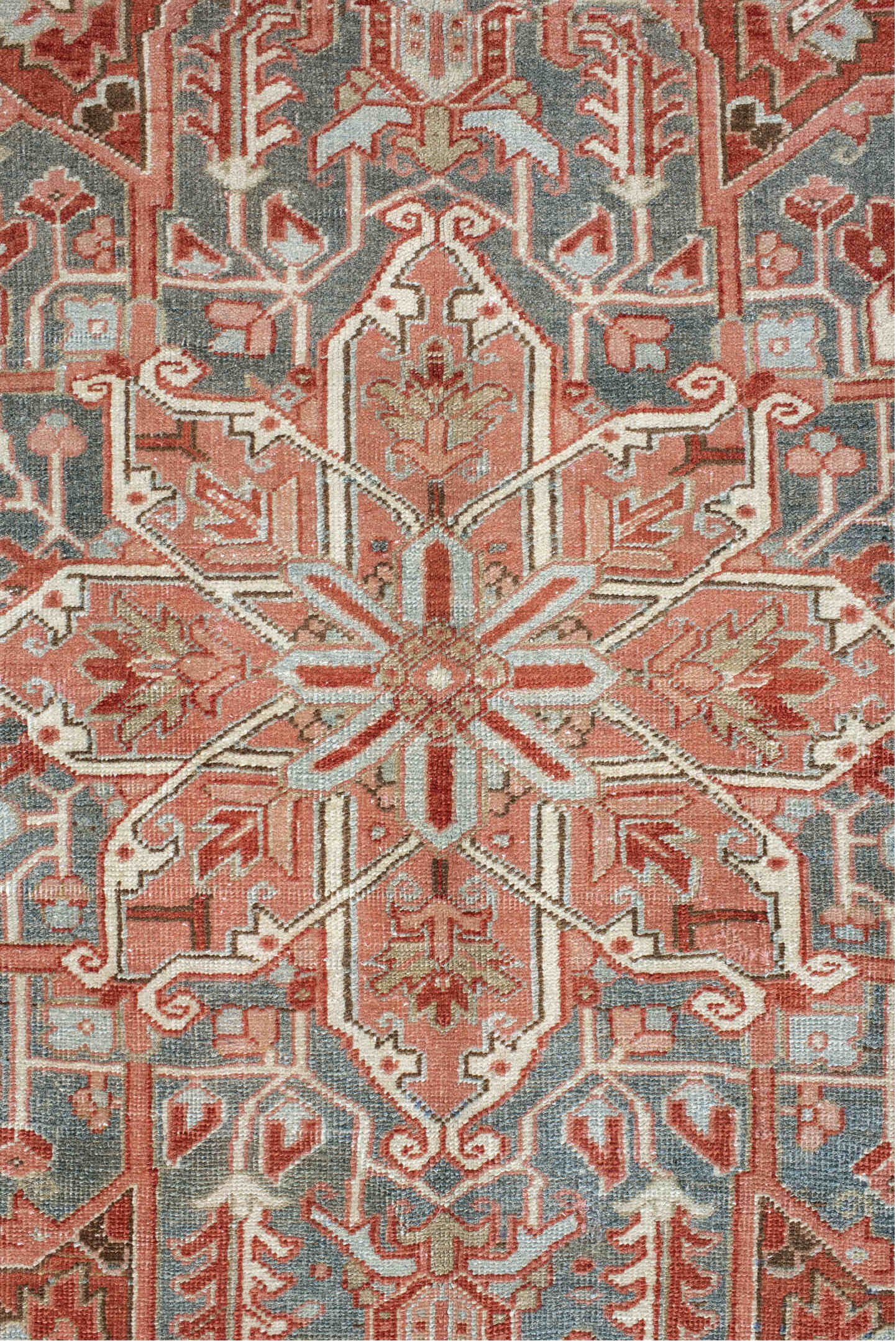 9' x 11' one-of-a-kind handmade vintage Heriz large size rug. Color palette: rust, ivory, slate, rose, taupe, sage