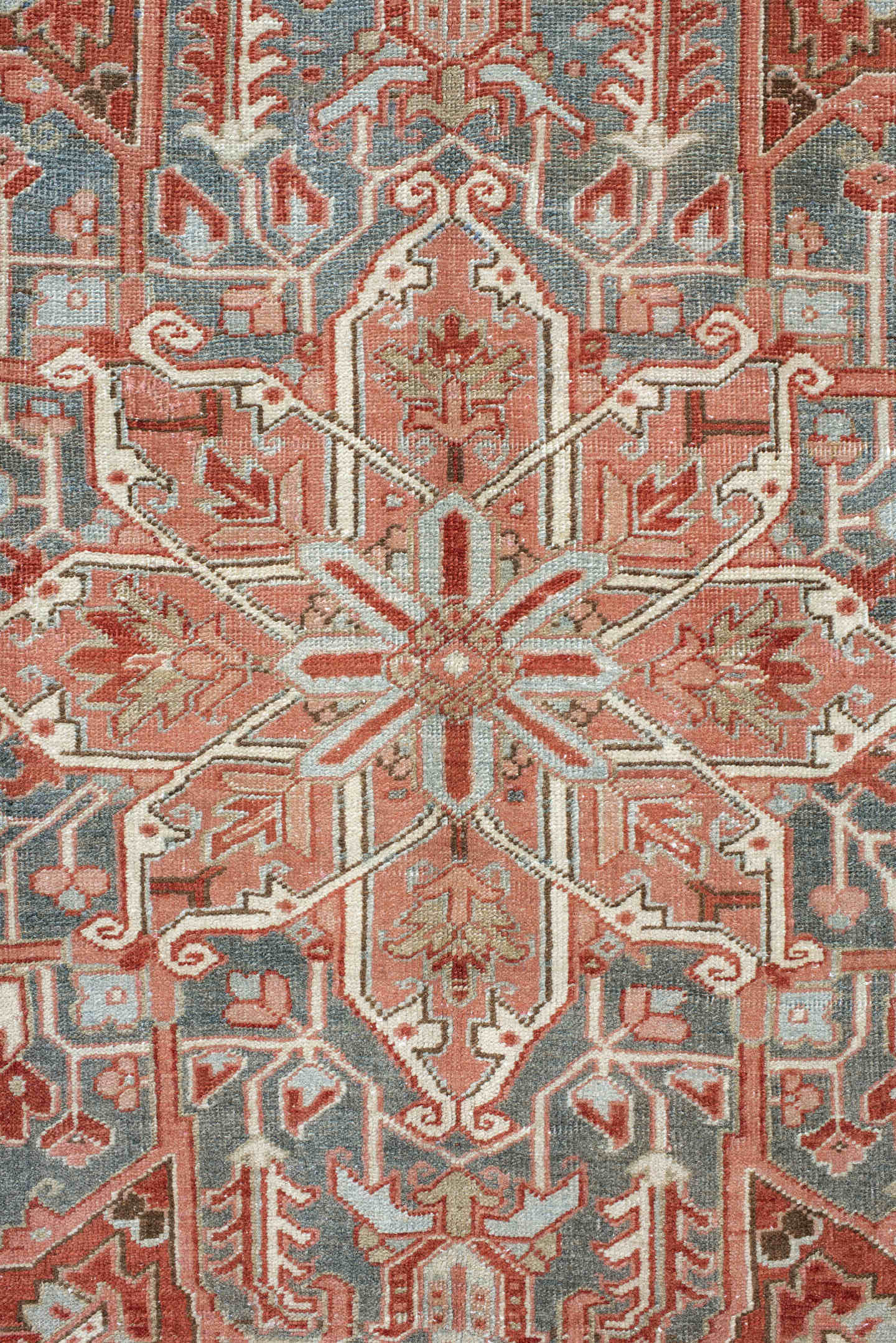 9' x 11' one-of-a-kind handmade vintage Heriz large size rug. Color palette: rust, ivory, slate, rose, taupe, sage