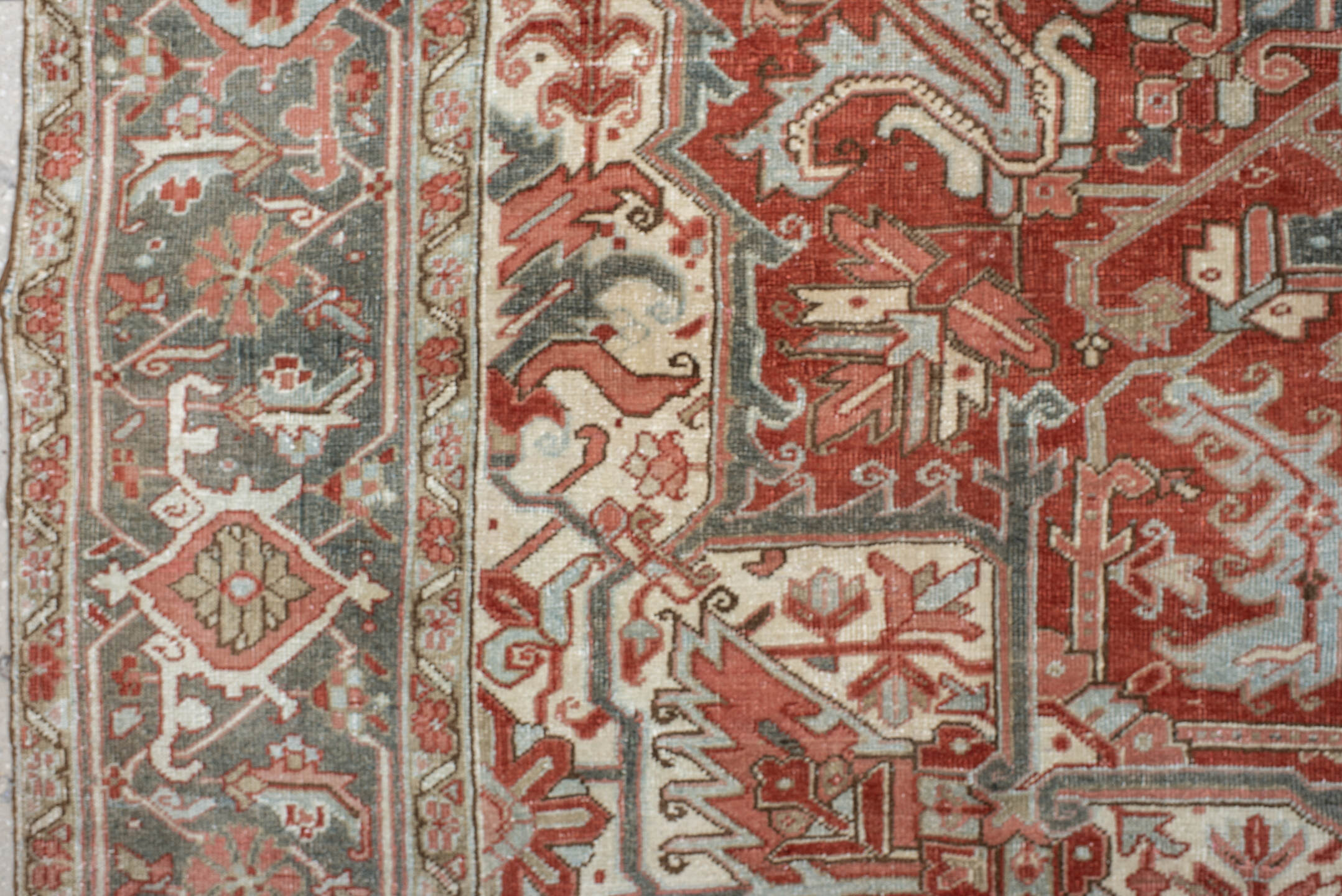 9' x 11' one-of-a-kind handmade vintage Heriz large size rug. Color palette: rust, ivory, slate, rose, taupe, sage