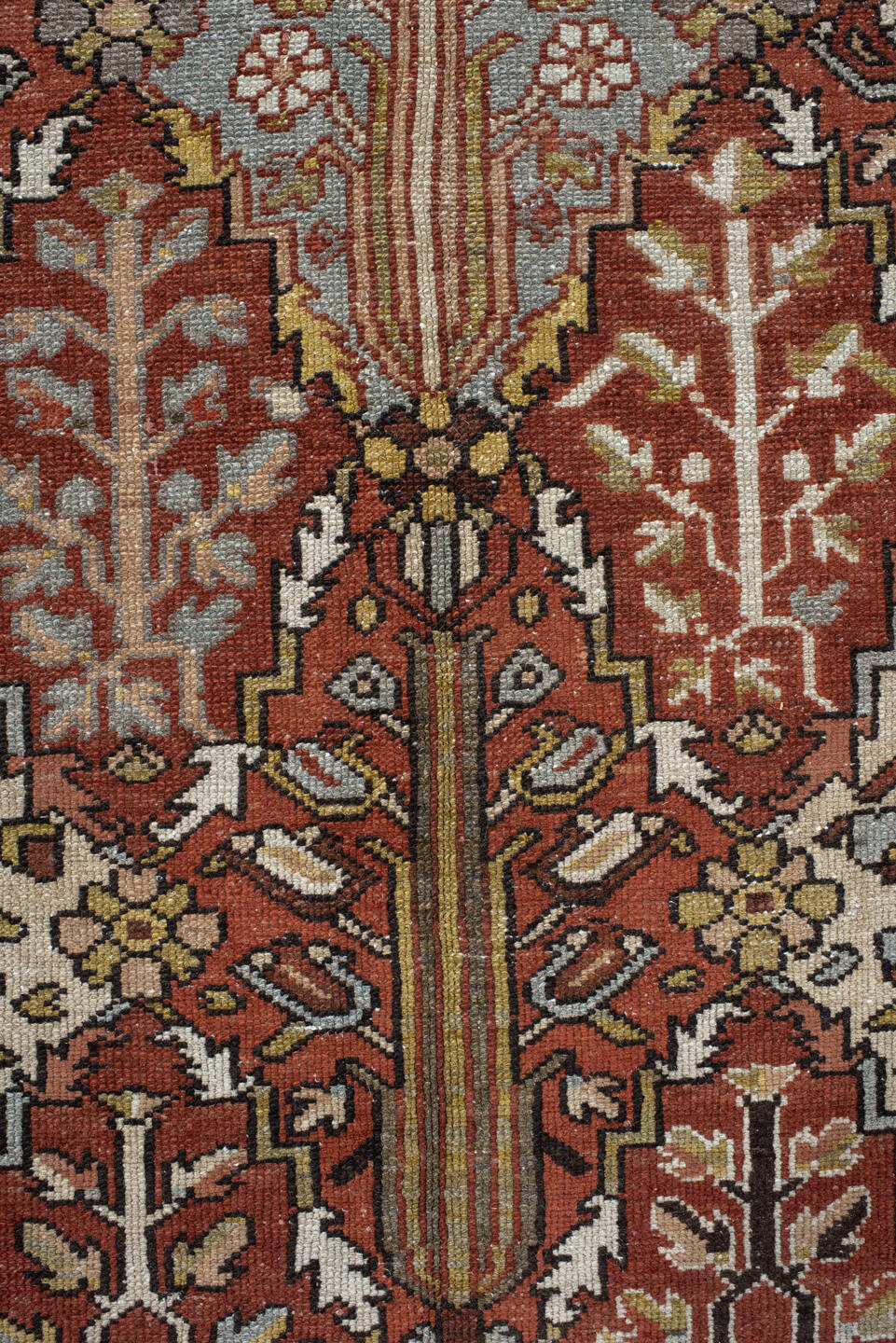 10' x 14' one-of-a-kind handmade vintage Baktiary large size rug. Color palette: rust, slate, ivory, rose, taupe, gold