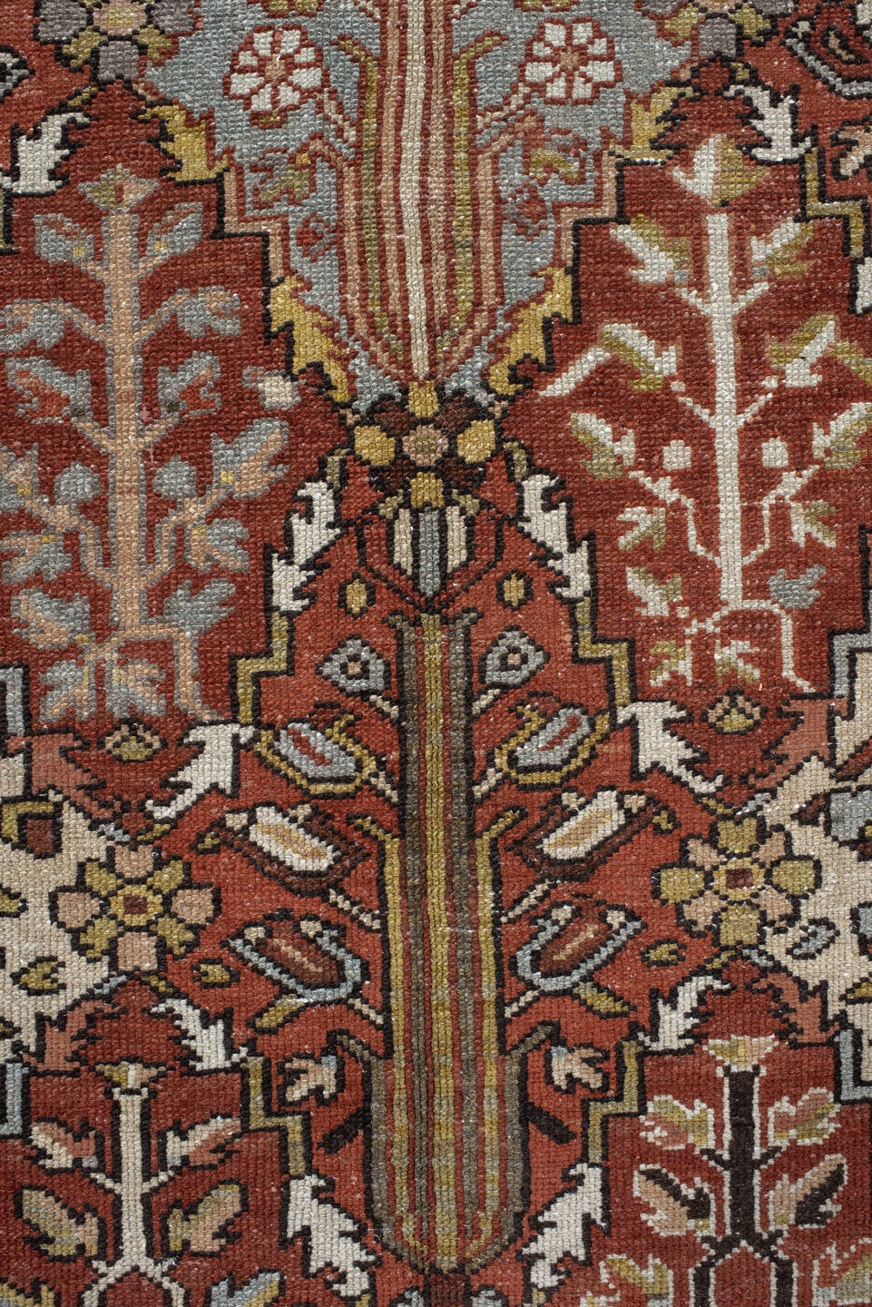 10' x 14' one-of-a-kind handmade vintage Baktiary large size rug. Color palette: rust, slate, ivory, rose, taupe, gold