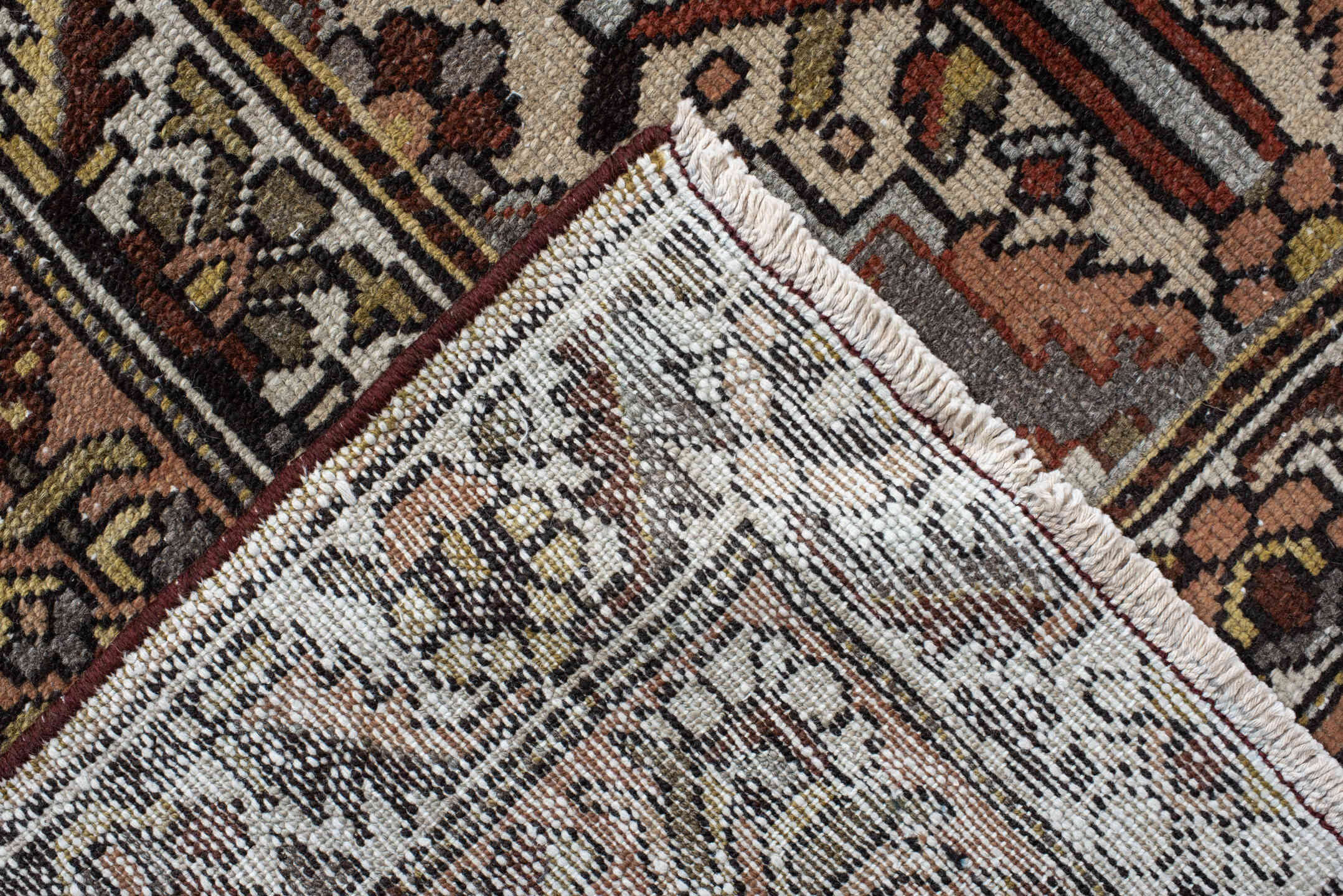 10' x 14' one-of-a-kind handmade vintage Baktiary large size rug. Color palette: rust, slate, ivory, rose, taupe, gold