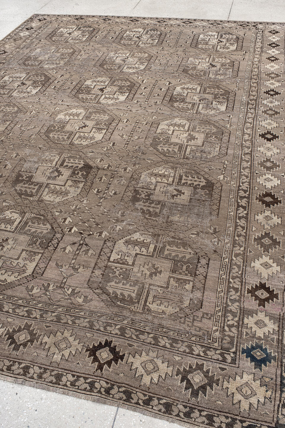 8' x 11' one-of-a-kind handmade vintage Afghan large size rug. Color palette: taupe, ivory, charcoal, brown, beige, gray