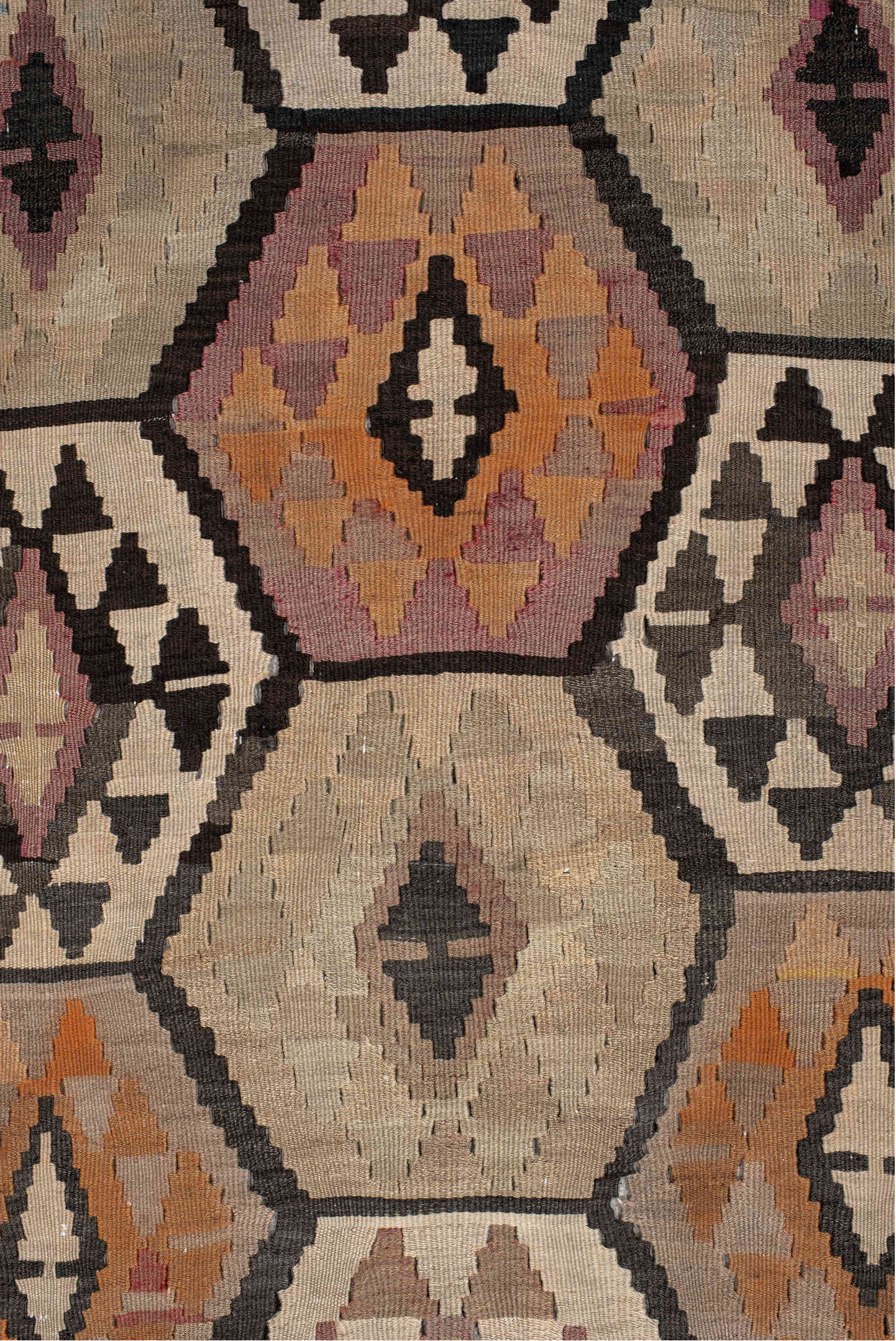 6' x 12' one-of-a-kind handmade antique Kilim large size rug. Color palette: camel, brown, taupe, ochre, ivory, plum