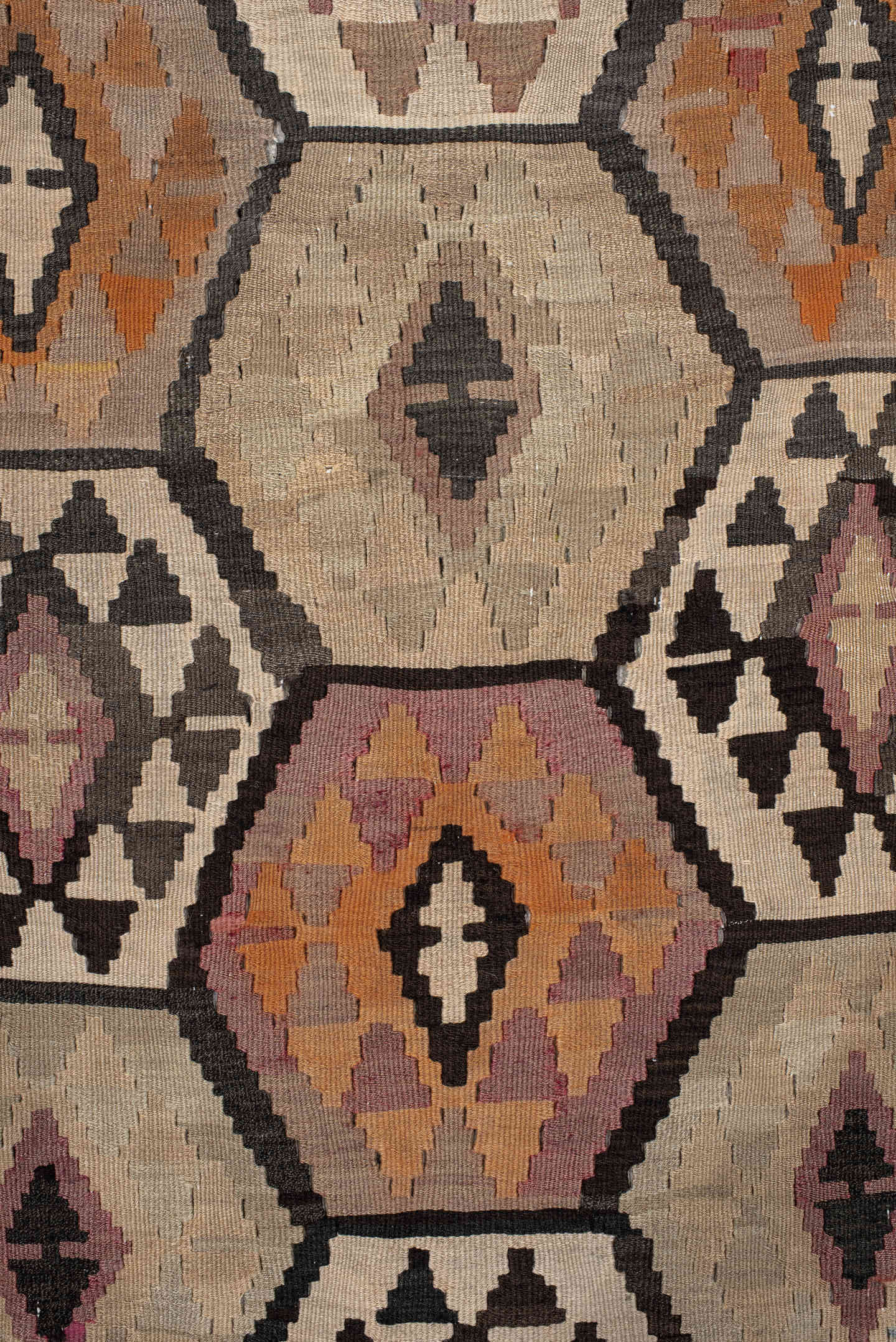 6' x 12' one-of-a-kind handmade antique Kilim large size rug. Color palette: camel, brown, taupe, ochre, ivory, plum