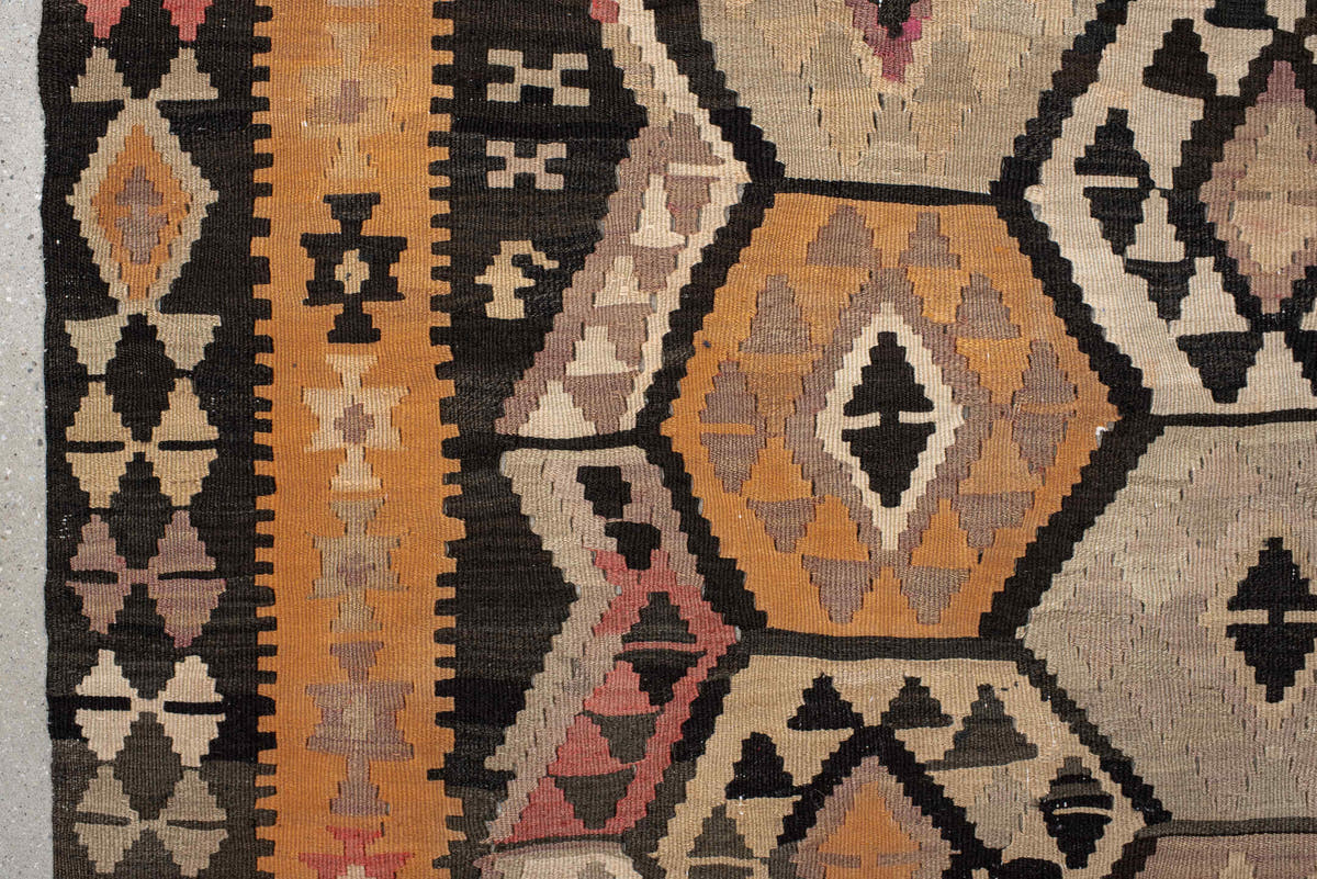 6' x 12' one-of-a-kind handmade antique Kilim large size rug. Color palette: camel, brown, taupe, ochre, ivory, plum
