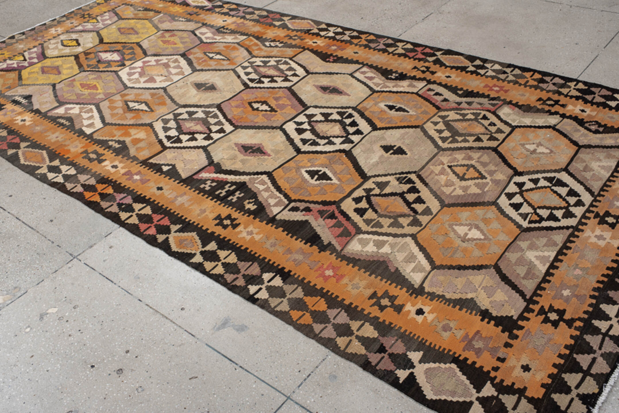 6' x 12' one-of-a-kind handmade vintage Kilim large size rug. Color palette: brown, orange, gray, black, pink, tan