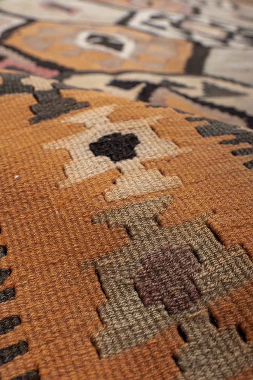 6' x 12' one-of-a-kind handmade vintage Kilim large size rug. Color palette: brown, orange, gray, black, pink, tan
