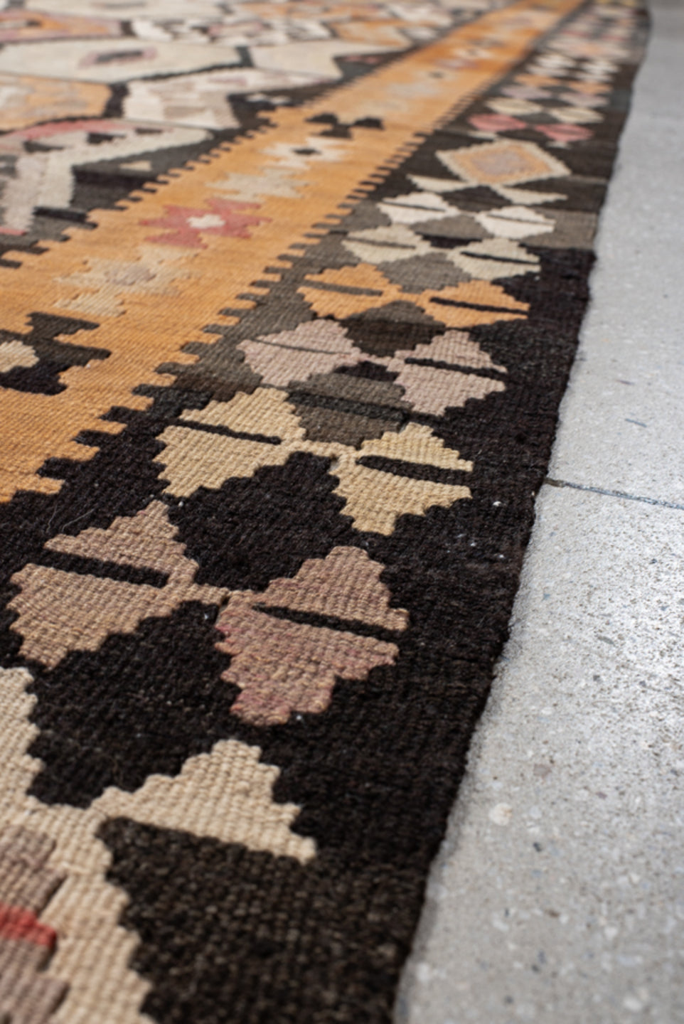 6' x 12' one-of-a-kind handmade vintage Kilim large size rug. Color palette: brown, orange, gray, black, pink, tan