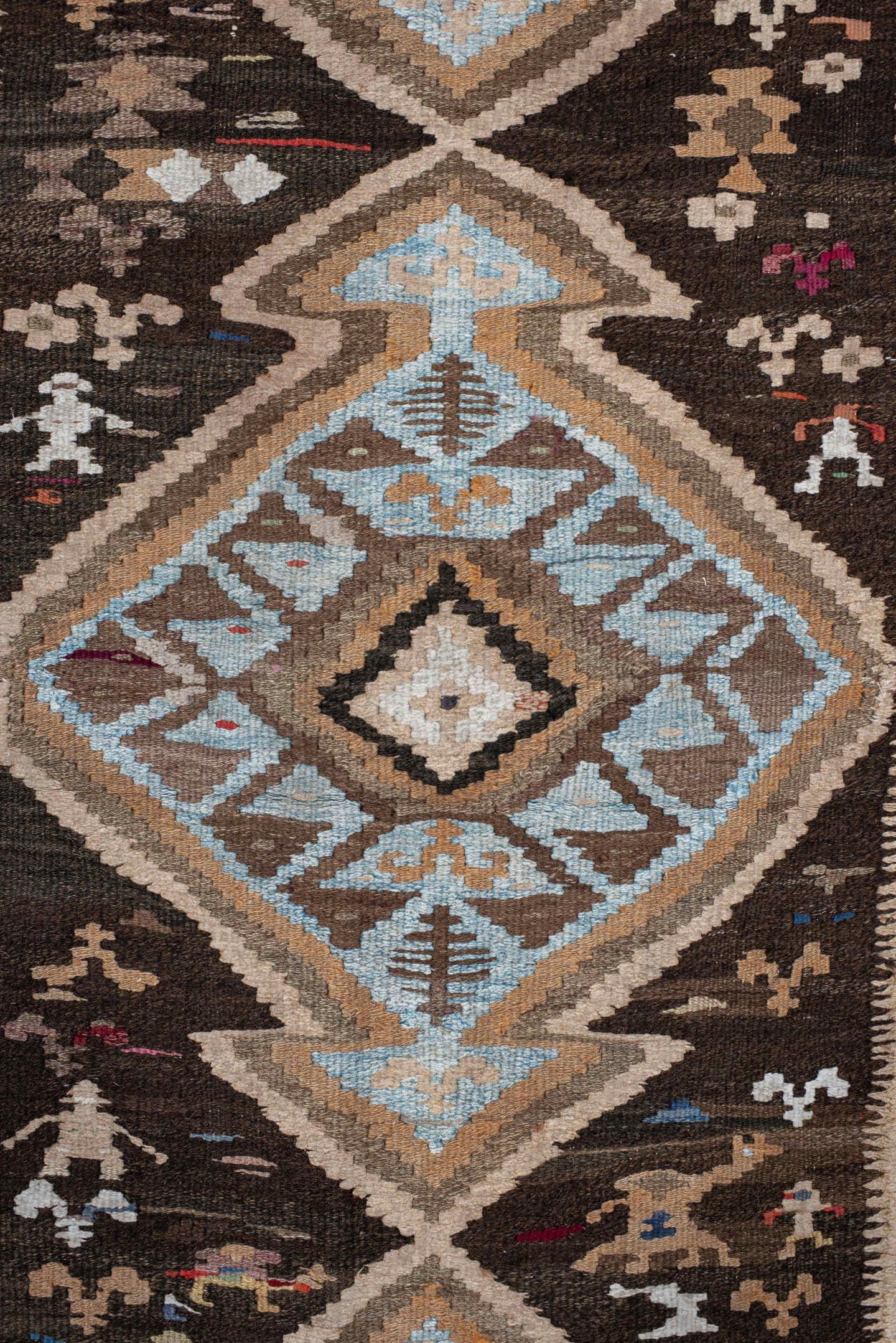 4' x 14' one-of-a-kind handmade antique Kilim runner rug. Color palette: brown, sky blue, taupe, ivory, camel, charcoal