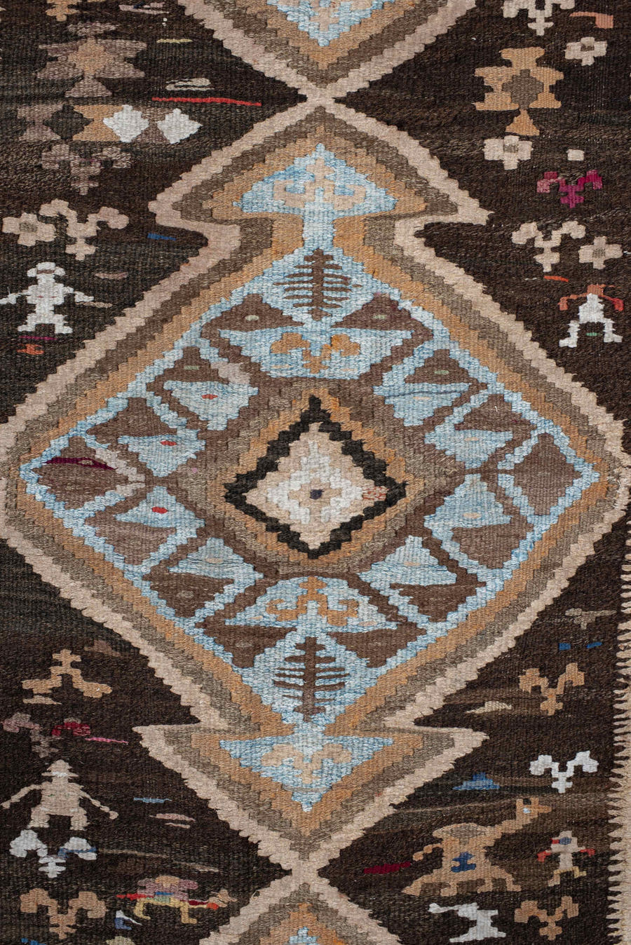 4' x 14' one-of-a-kind handmade antique Kilim runner rug. Color palette: brown, sky blue, taupe, ivory, camel, charcoal