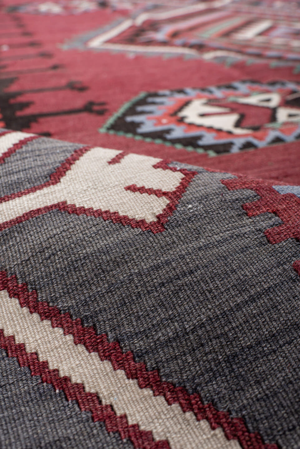 6' x 11' one-of-a-kind handmade vintage Kilim large size rug. Color palette: rust, burgundy, slate, ivory, black, teal