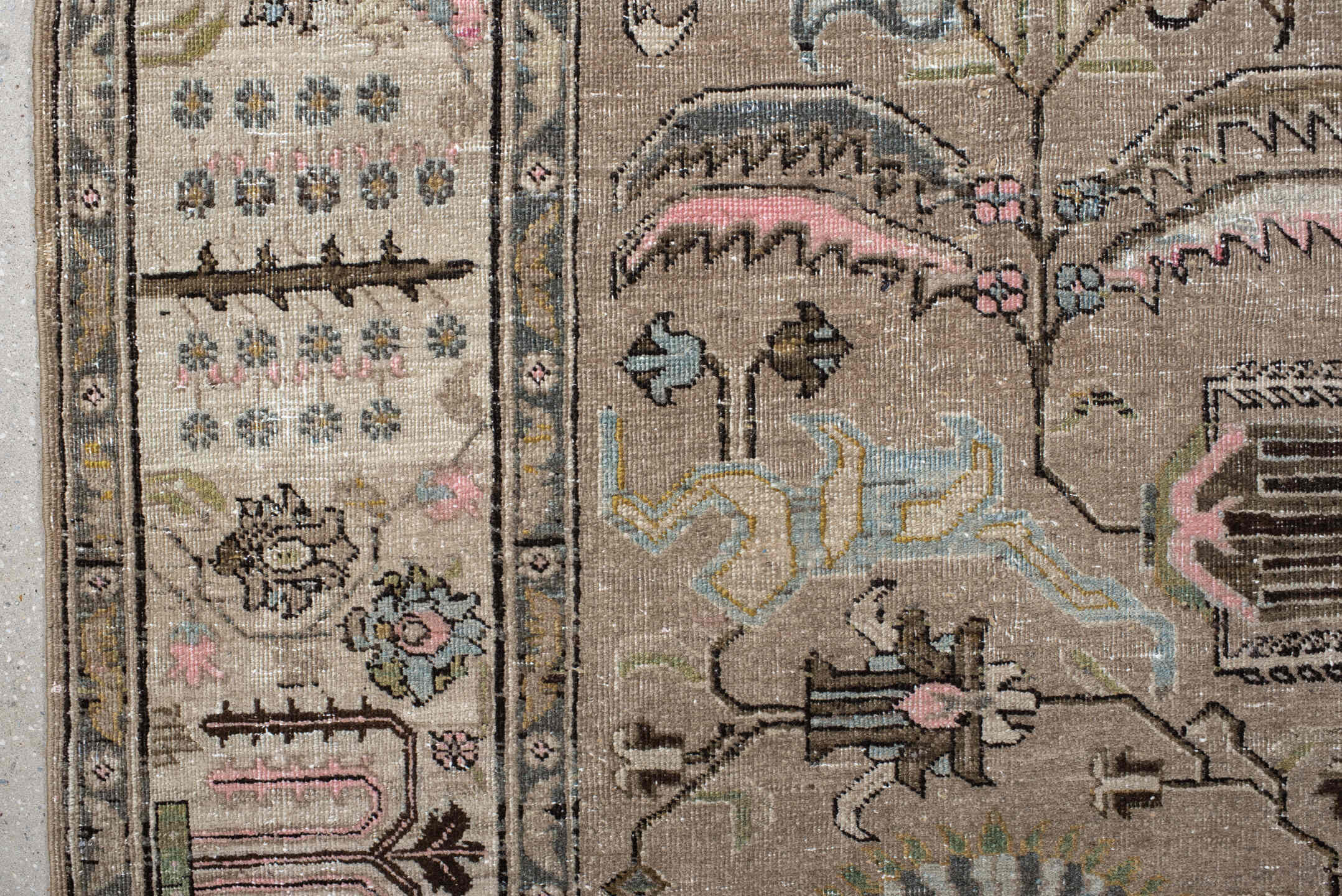 8' x 11' one-of-a-kind handmade vintage Tabriz large size rug. Color palette: taupe, ivory, blush, pale blue, olive
