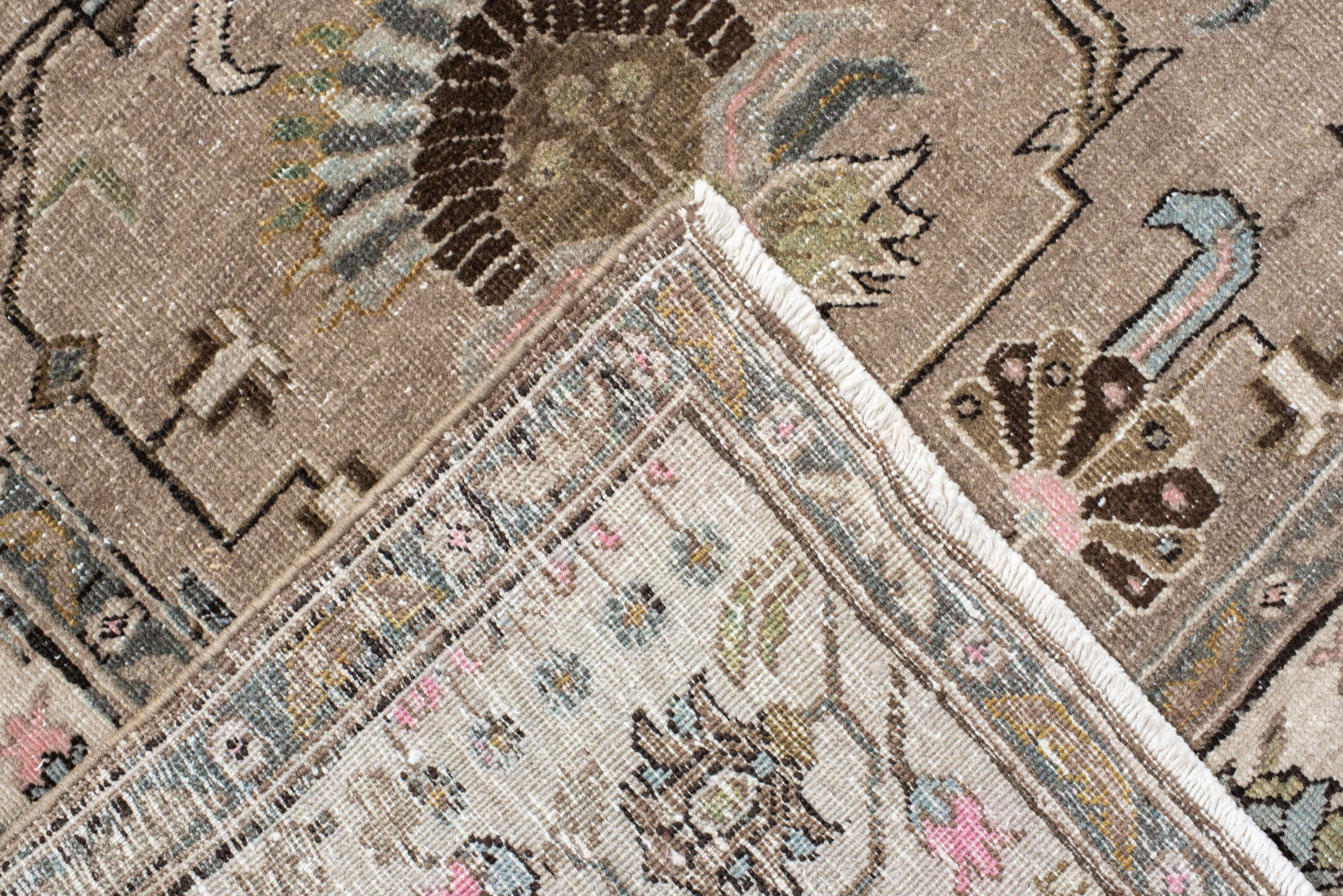 8' x 11' one-of-a-kind handmade vintage Tabriz large size rug. Color palette: taupe, ivory, blush, pale blue, olive