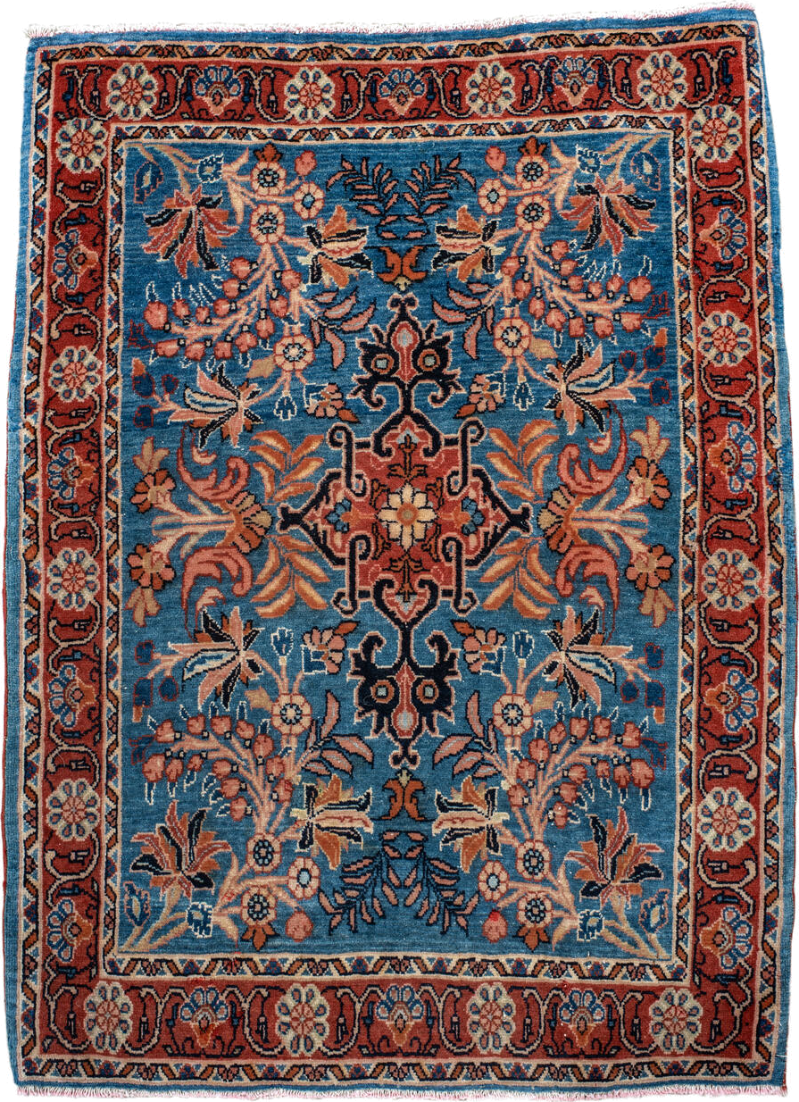 2' x 3' one-of-a-kind handmade vintage Saraband small size rug. Color palette: black, blue, brown, dark gray, gray