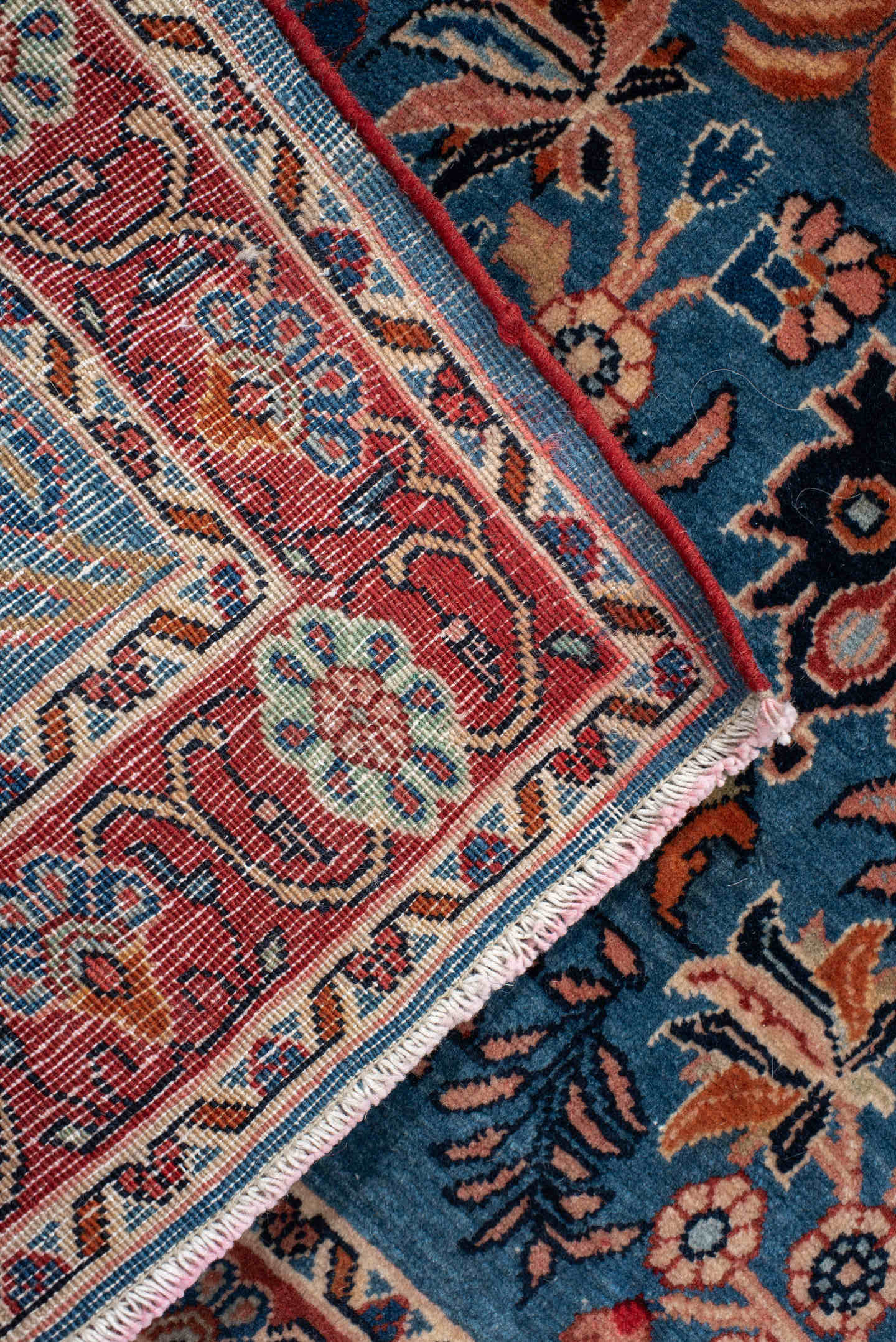 2' x 3' one-of-a-kind handmade vintage Saraband small size rug. Color palette: sky blue, rust, ivory, navy, coral, camel