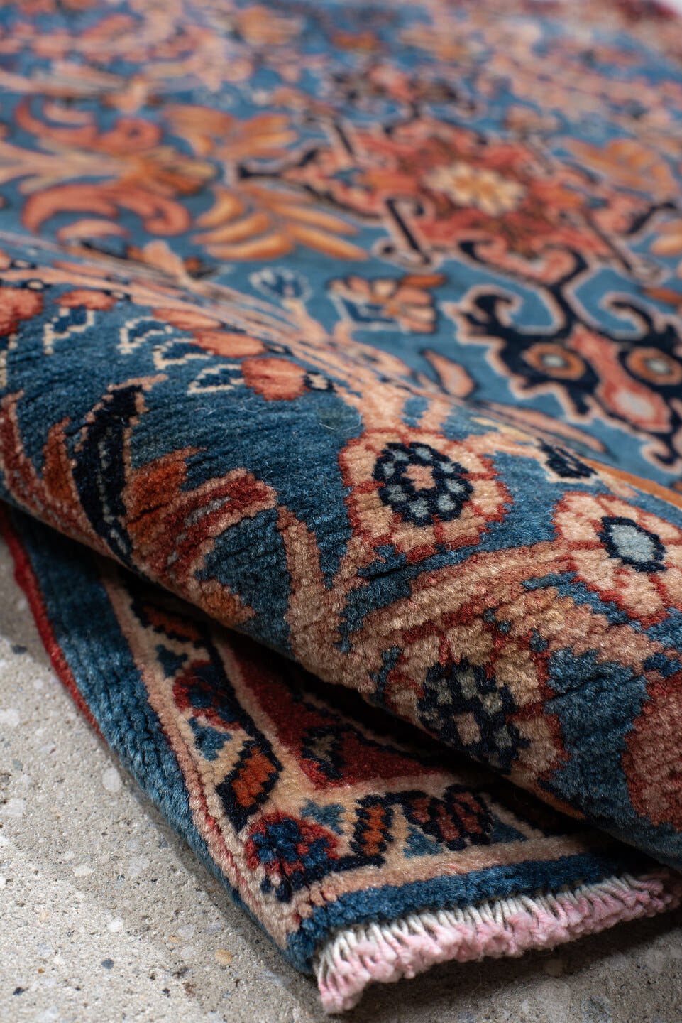2' x 3' one-of-a-kind handmade vintage Saraband small size rug. Color palette: sky blue, rust, ivory, navy, coral, camel