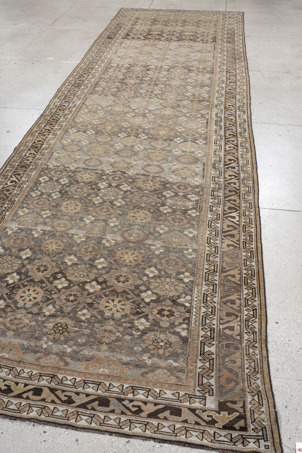 4' x 16' one-of-a-kind handmade vintage NW Persian runner rug. Color palette: taupe, brown, ivory, gray, slate, camel, beige