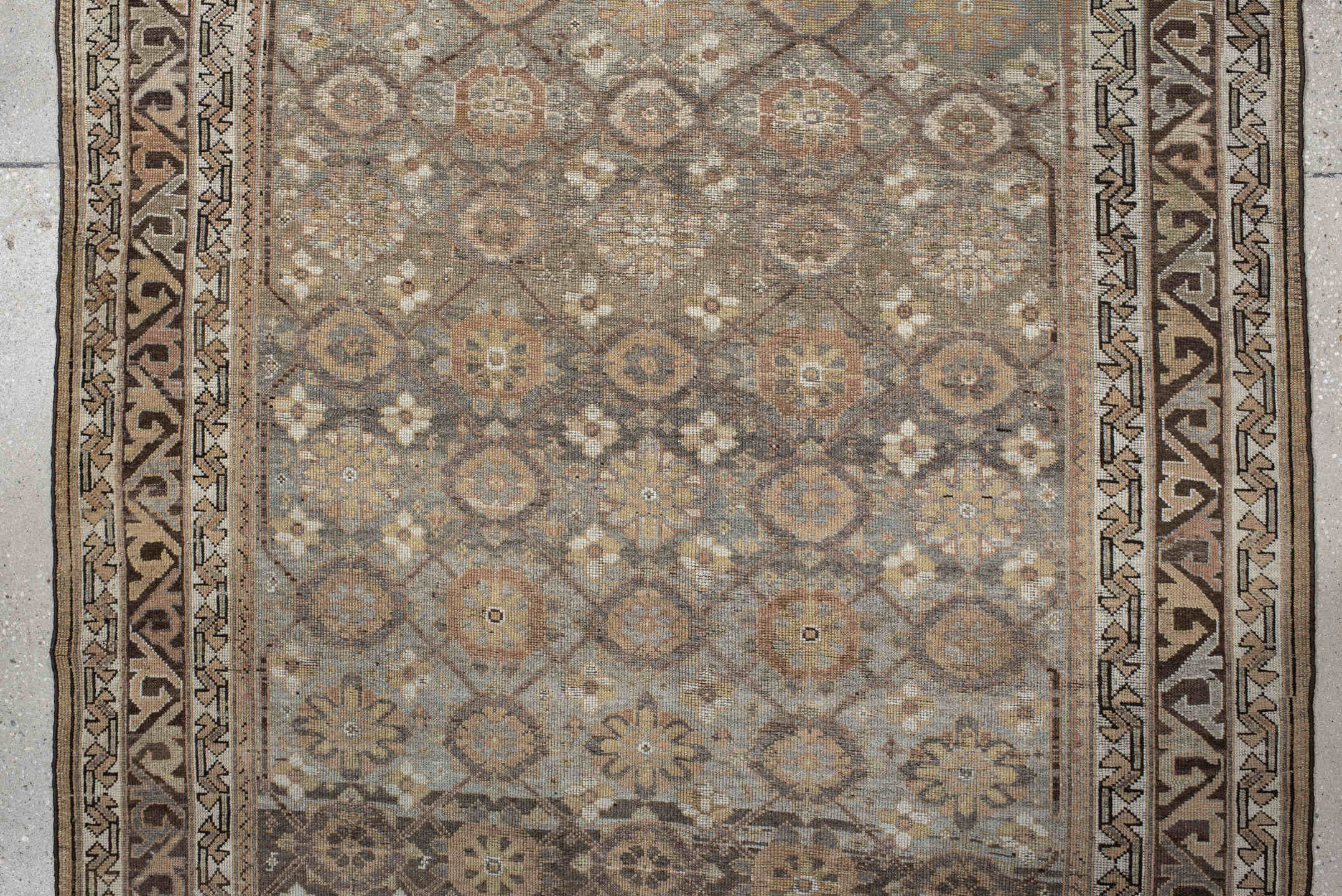 4' x 16' one-of-a-kind handmade vintage NW Persian runner rug. Color palette: brown, gray, light gray