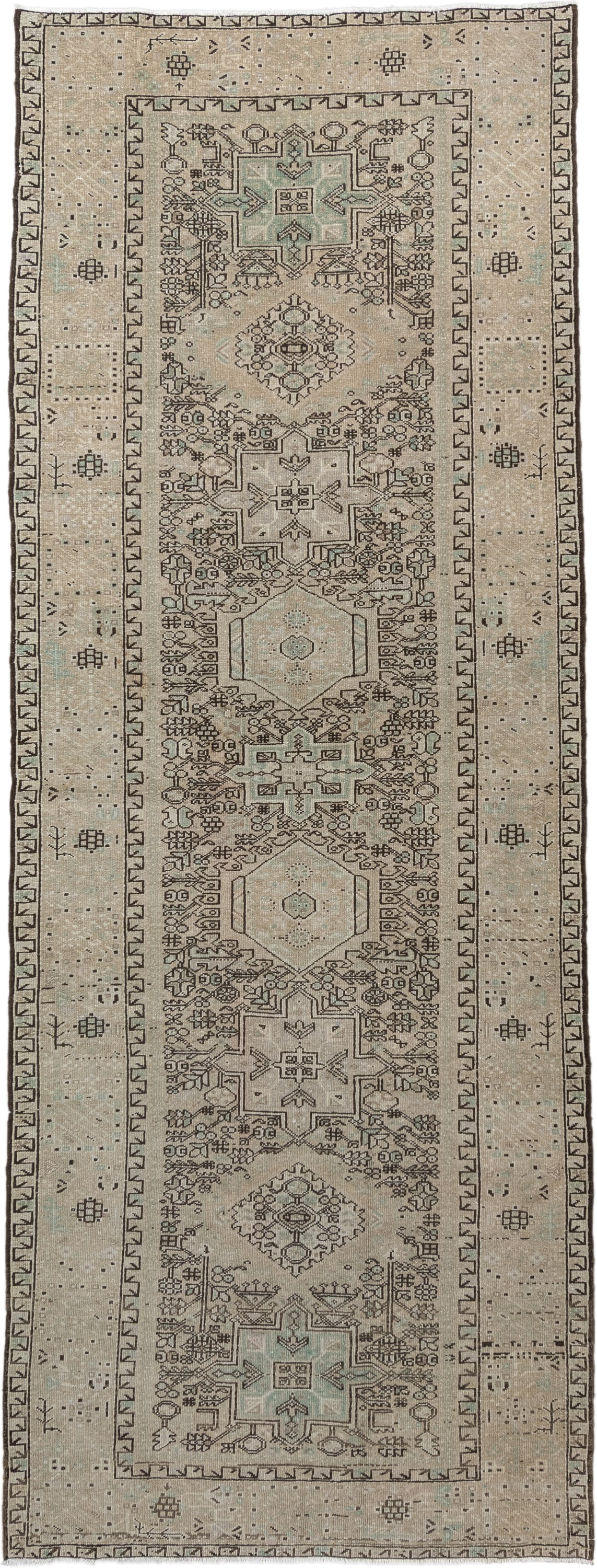 4' x 10' one-of-a-kind handmade vintage Karaje runner rug. Color palette: ivory, taupe, brown, camel, sage, charcoal, beige