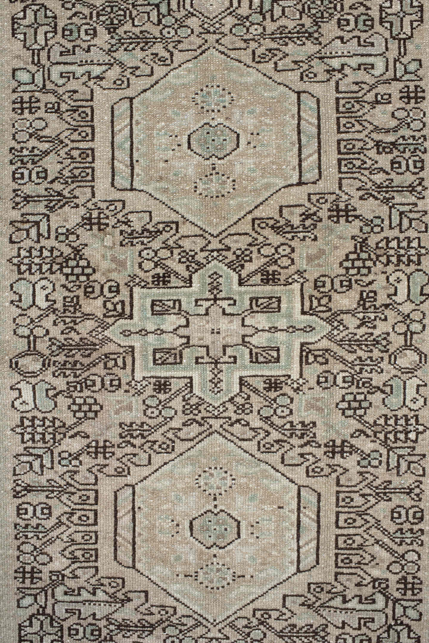 4' x 10' one-of-a-kind handmade vintage Karaje runner rug. Color palette: ivory, taupe, brown, camel, sage, charcoal, beige