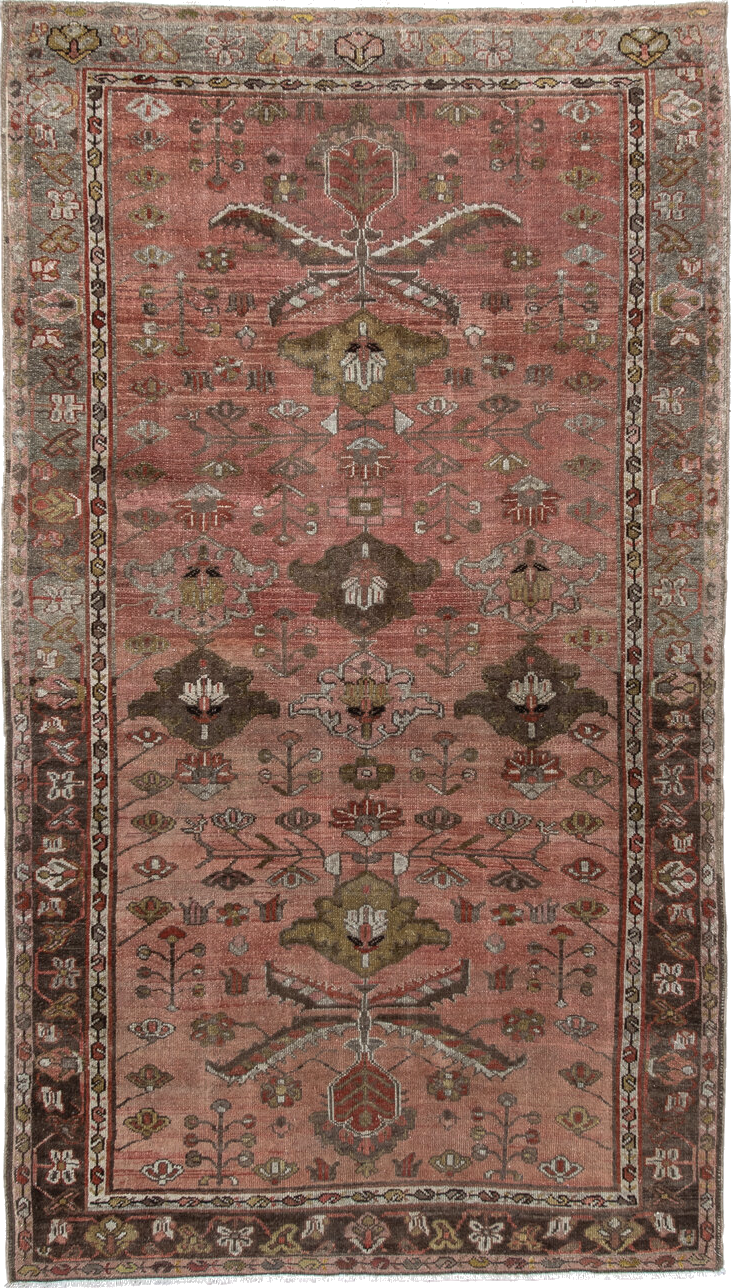 3' x 6' one-of-a-kind handmade vintage Malayer small size rug. Color palette: brown, gray, orange, pink, red